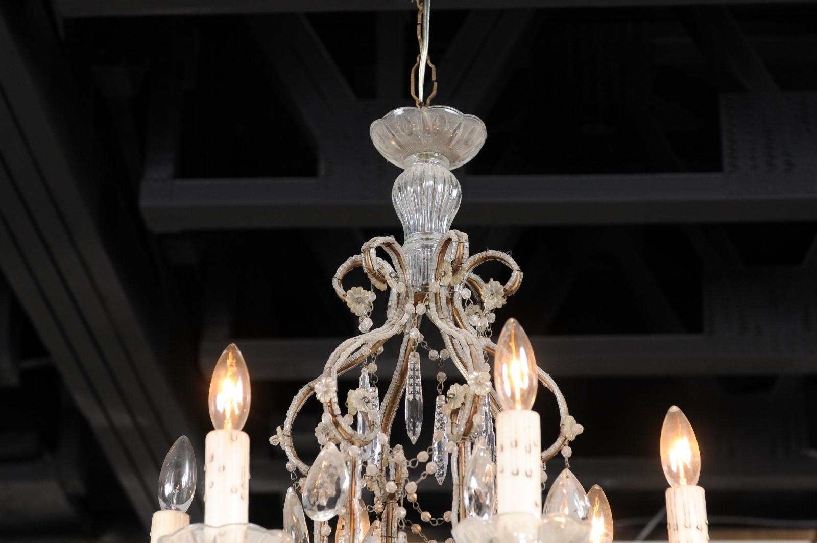Italian 19th Century Six-Light Chandelier with Beaded Arms and Spear Crystals For Sale 8