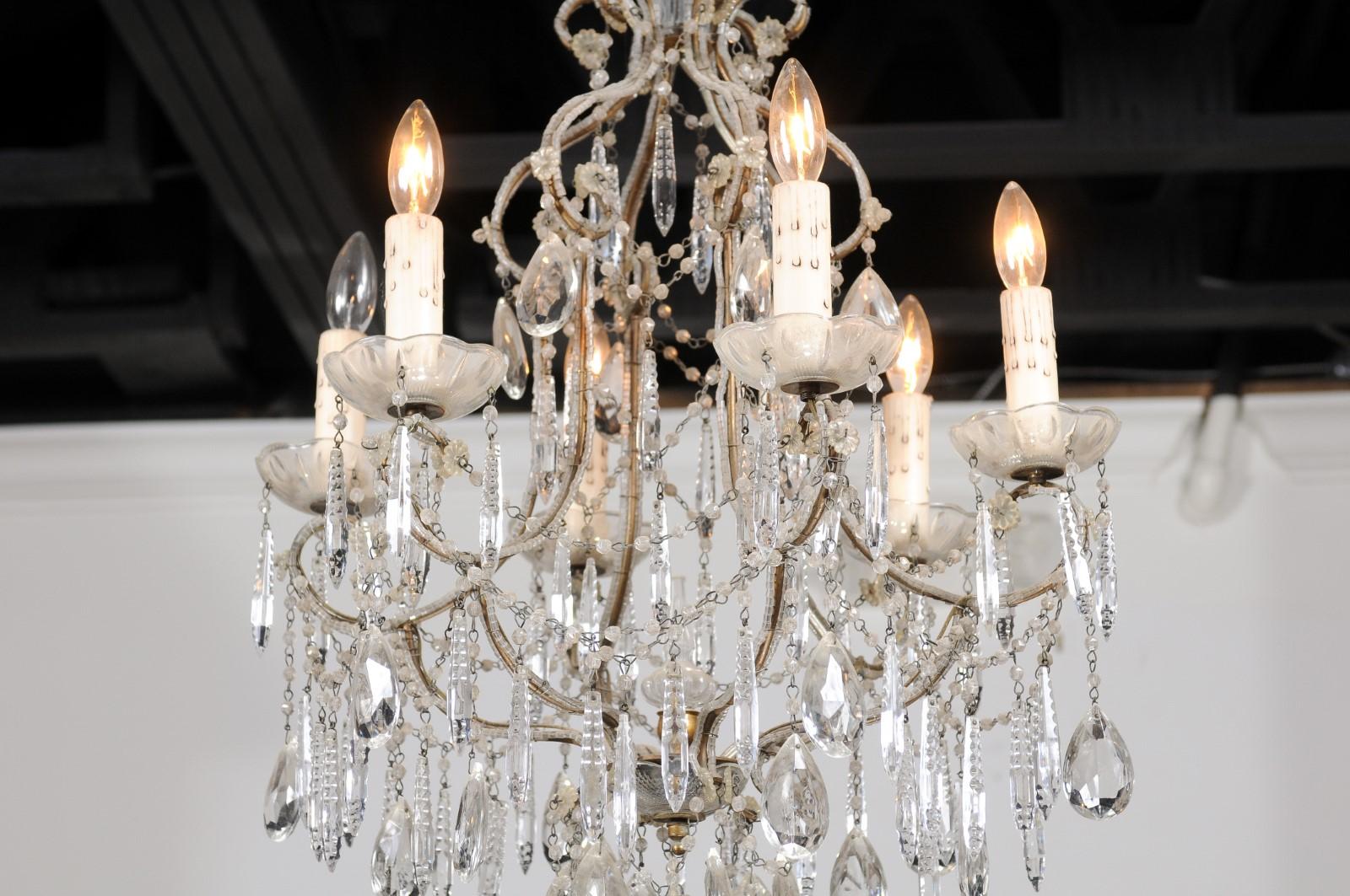 Italian 19th Century Six-Light Chandelier with Beaded Arms and Spear Crystals For Sale 9