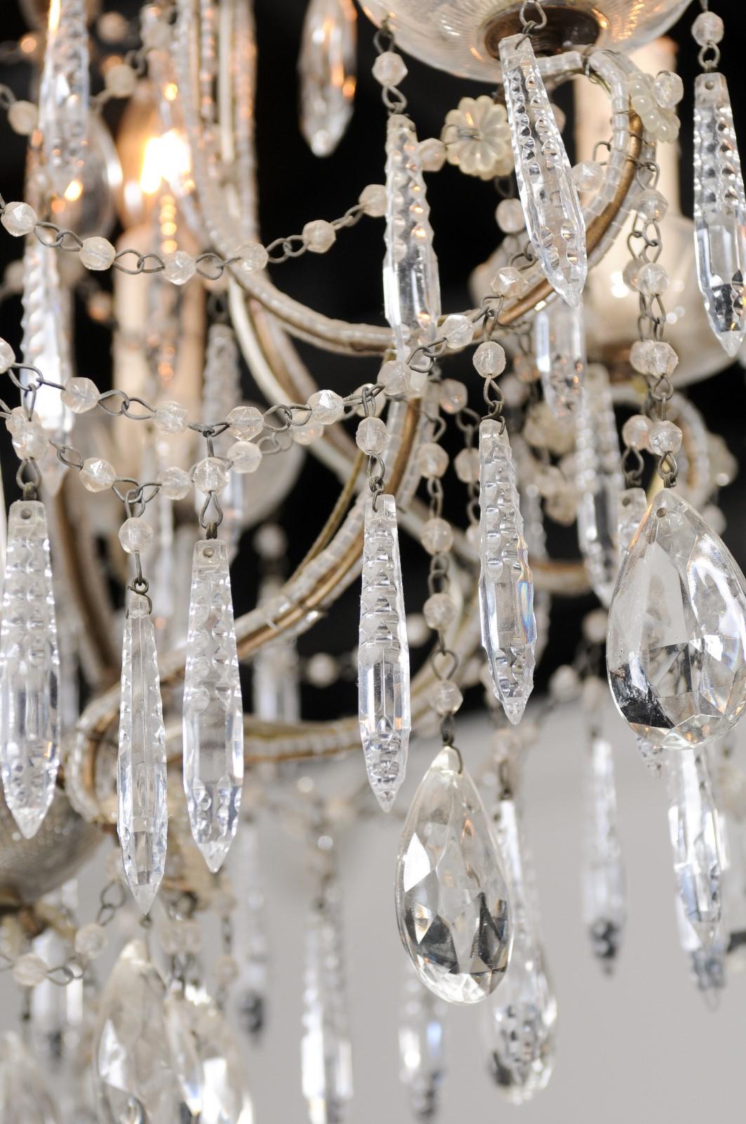 Italian 19th Century Six-Light Chandelier with Beaded Arms and Spear Crystals For Sale 11