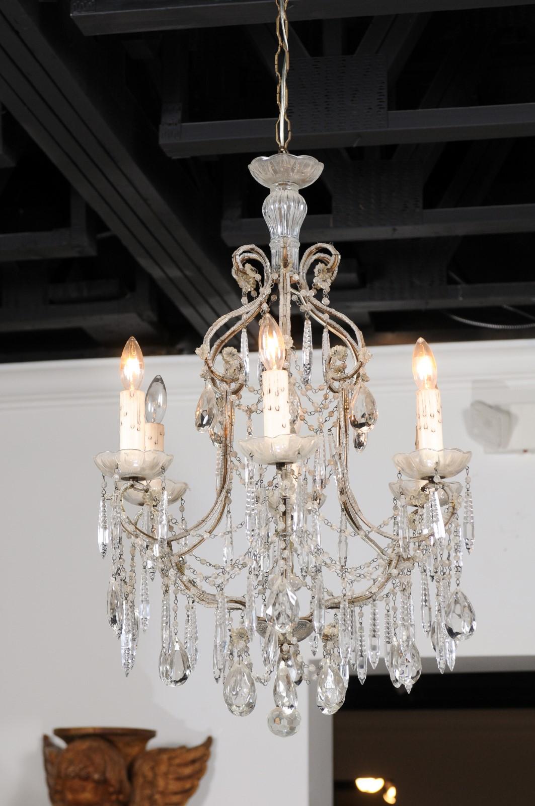 Italian 19th Century Six-Light Chandelier with Beaded Arms and Spear Crystals For Sale 12