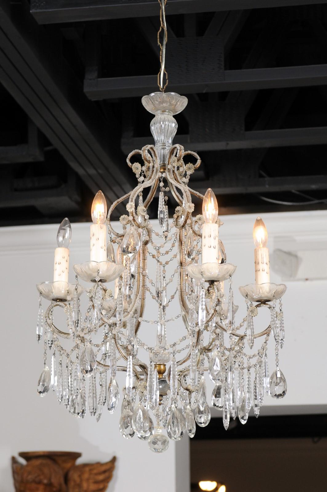 Italian 19th Century Six-Light Chandelier with Beaded Arms and Spear Crystals For Sale 13