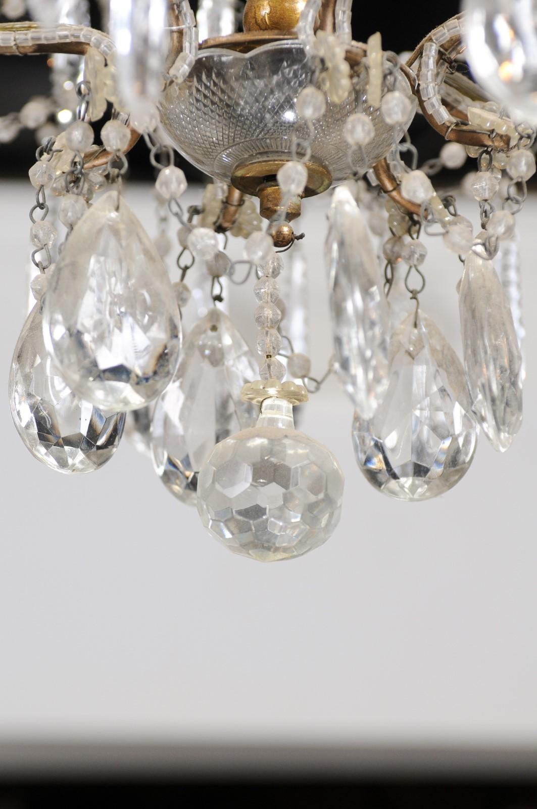 Etched Italian 19th Century Six-Light Chandelier with Beaded Arms and Spear Crystals For Sale