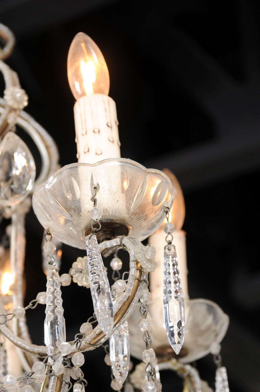 Italian 19th Century Six-Light Chandelier with Beaded Arms and Spear Crystals For Sale 1