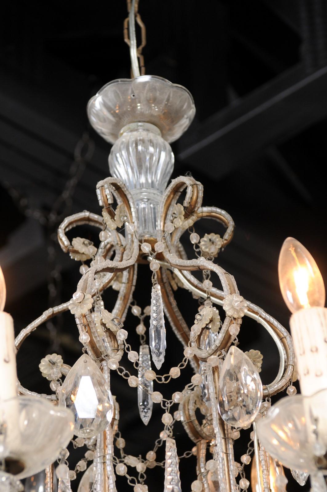 Italian 19th Century Six-Light Chandelier with Beaded Arms and Spear Crystals For Sale 3