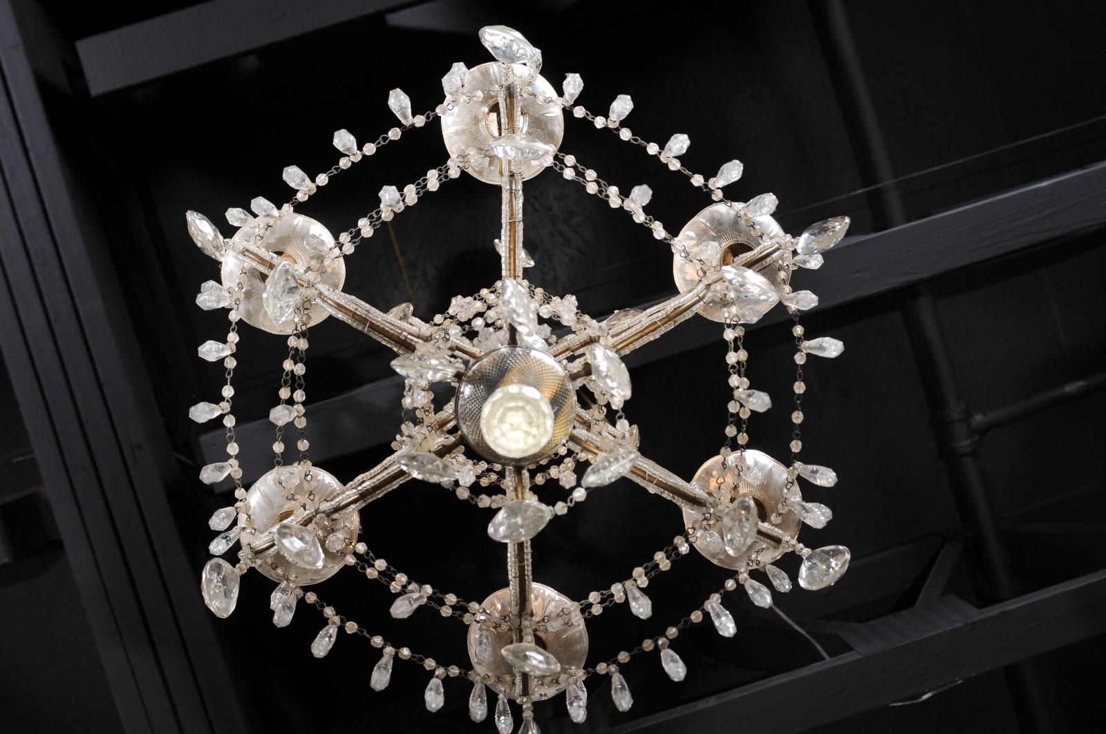 Italian 19th Century Six-Light Chandelier with Beaded Arms and Spear Crystals For Sale 4