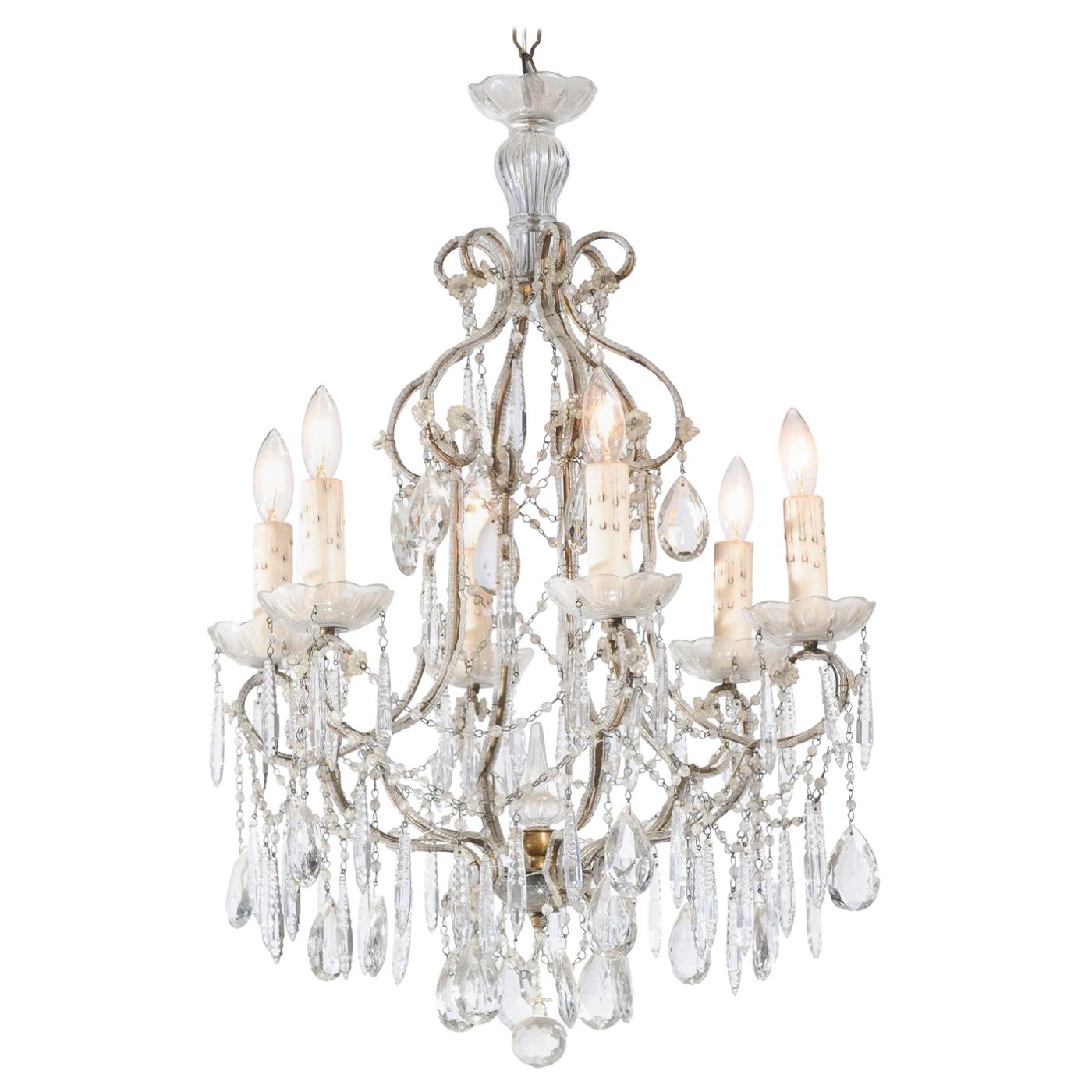 Italian 19th Century Six-Light Chandelier with Beaded Arms and Spear Crystals For Sale