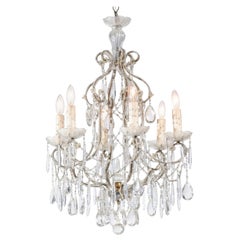 Antique Italian 19th Century Six-Light Chandelier with Beaded Arms and Spear Crystals