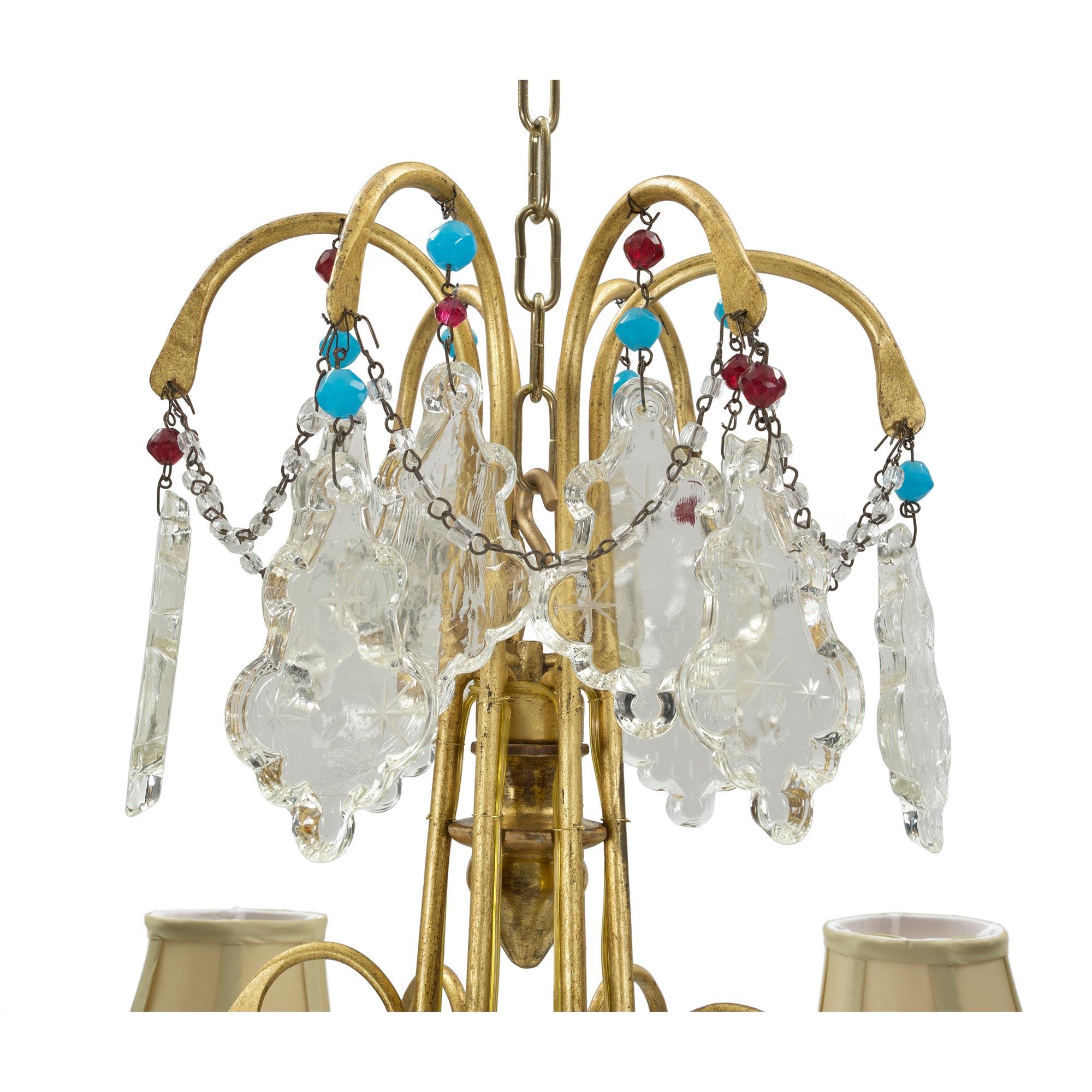 Italian 19th Century Six Light Gilt Metal, Giltwood and Crystal Genovese Chandel In Good Condition For Sale In West Palm Beach, FL