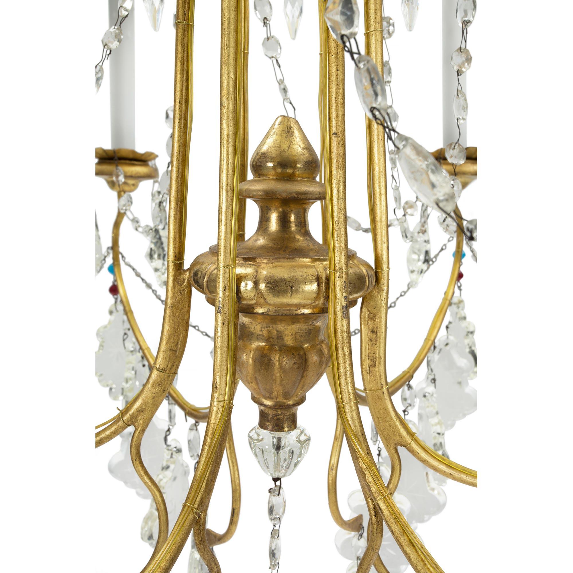 Italian 19th Century Six Light Gilt Metal, Giltwood and Crystal Genovese Chandel For Sale 1