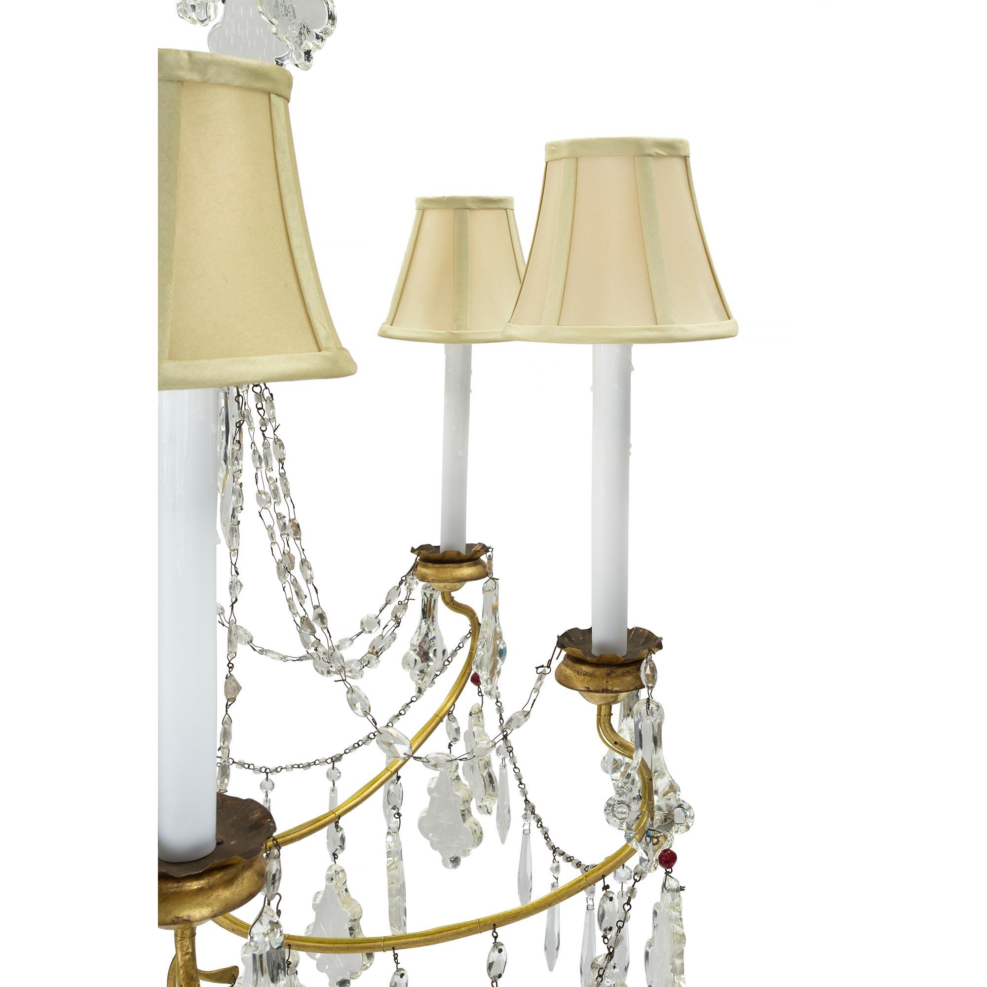 Italian 19th Century Six Light Gilt Metal, Giltwood and Crystal Genovese Chandel For Sale 2