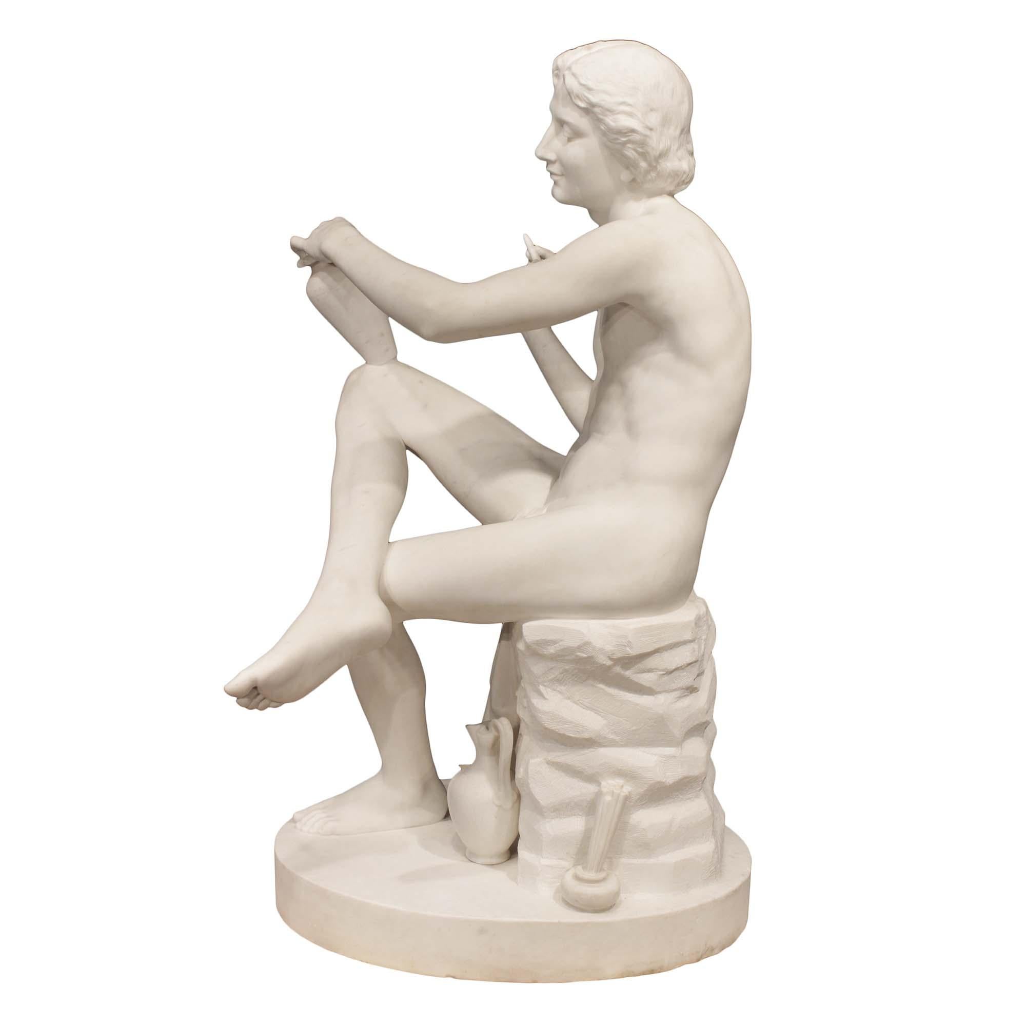 Italian 19th Century Solid White Carrara Marble Signed Sculpture In Good Condition For Sale In West Palm Beach, FL