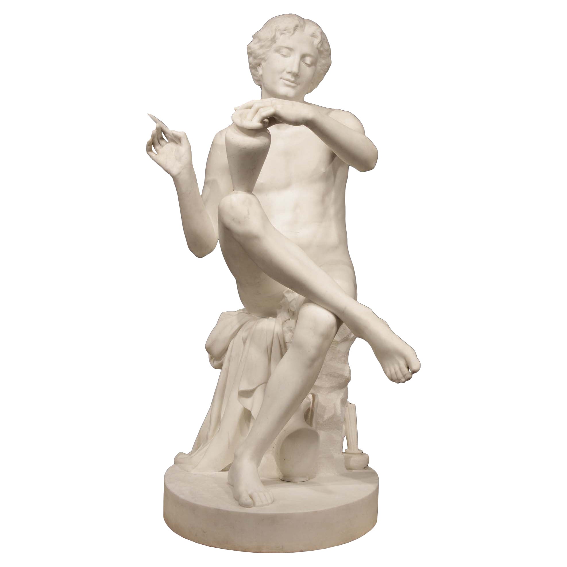 Scultura firmata in marmo bianco di Carrara massiccio dell'Ottocento italiano