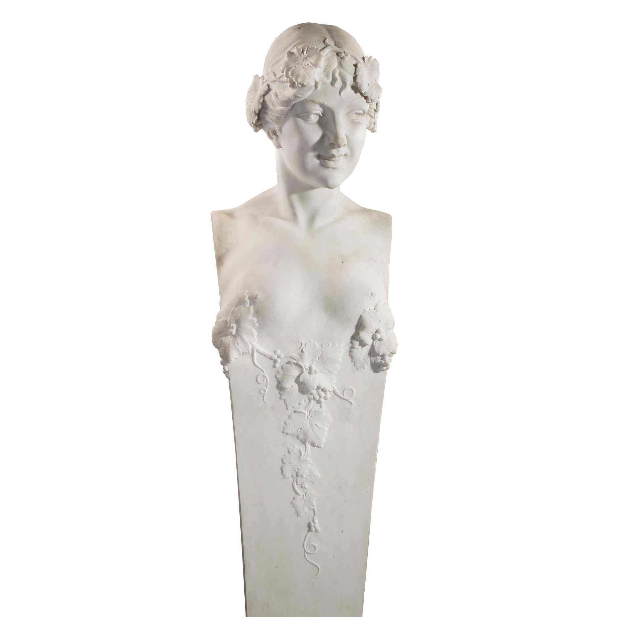 An impressive and life-sized Italian 19th century solid white Carrara marble statuary of Pan and Maiden in the Garden. Each statue stands over six feet tall and is raised by a mottled square base tapering up as an elegant smooth finish to the