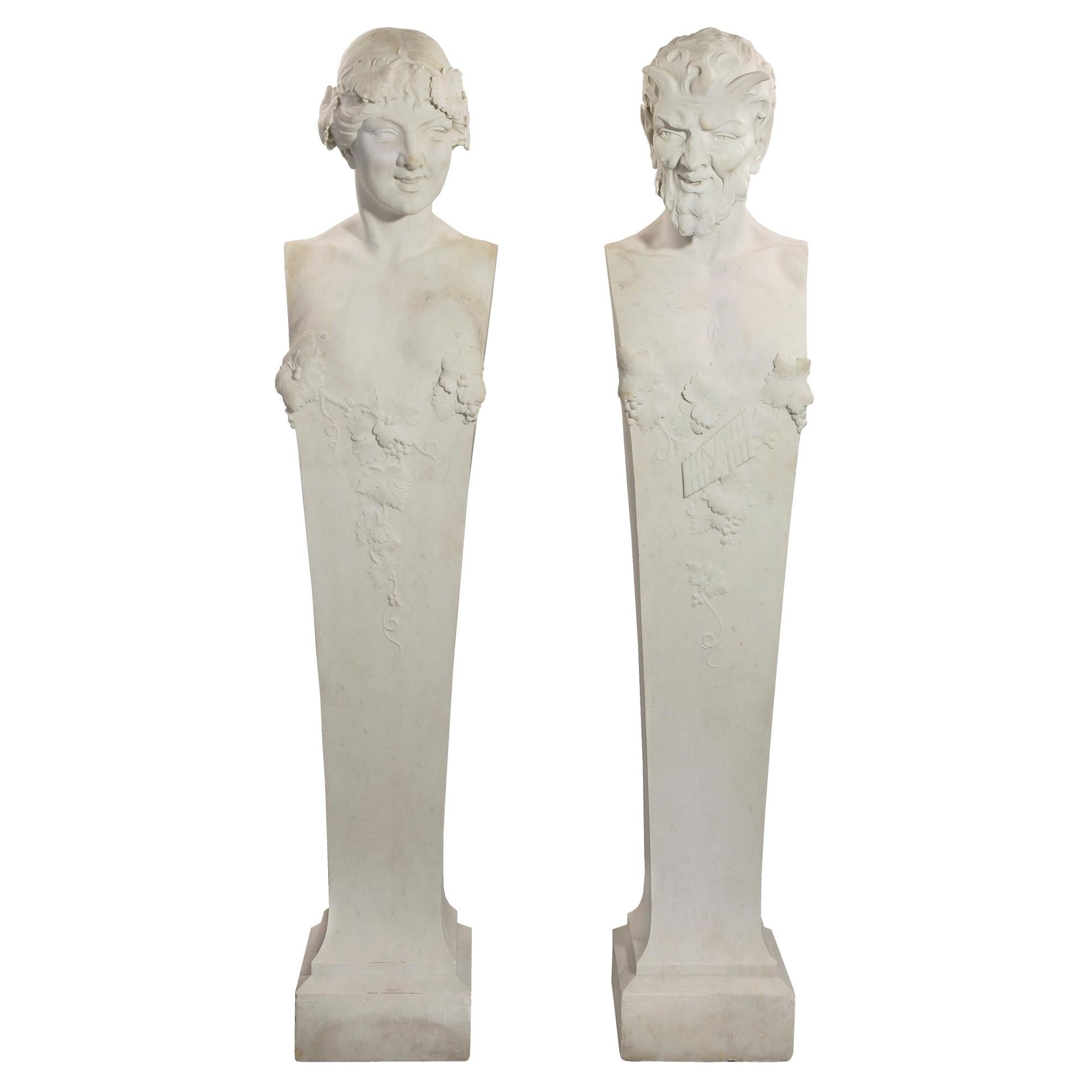 Italian 19th Century Solid White Carrara Marble Statuary of Pan and Maiden
