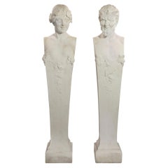Italian 19th Century Solid White Carrara Marble Statuary of Pan and Maiden