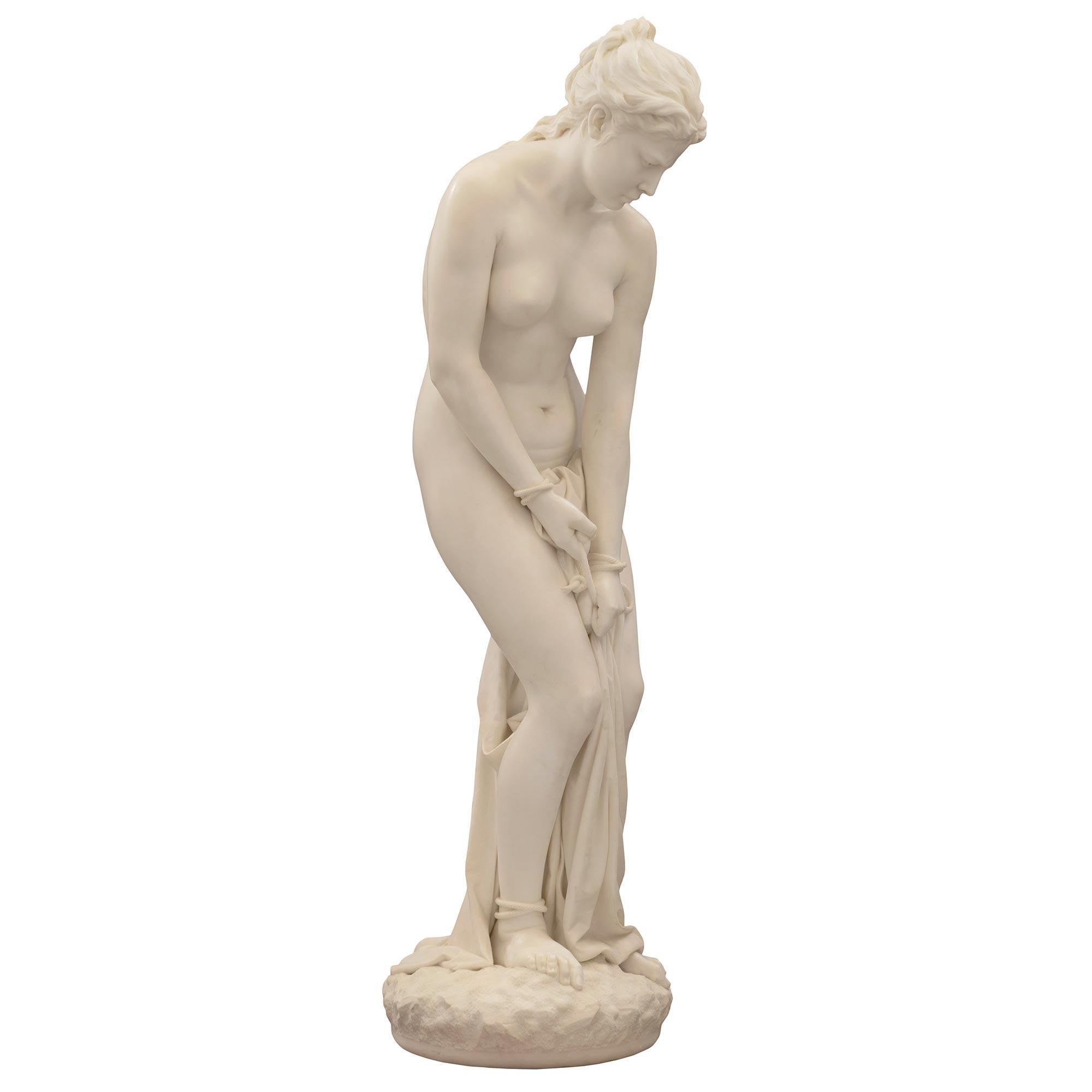 Italian 19th Century Solid White Carrara Marble Statue of a Bound Woman In Good Condition For Sale In West Palm Beach, FL