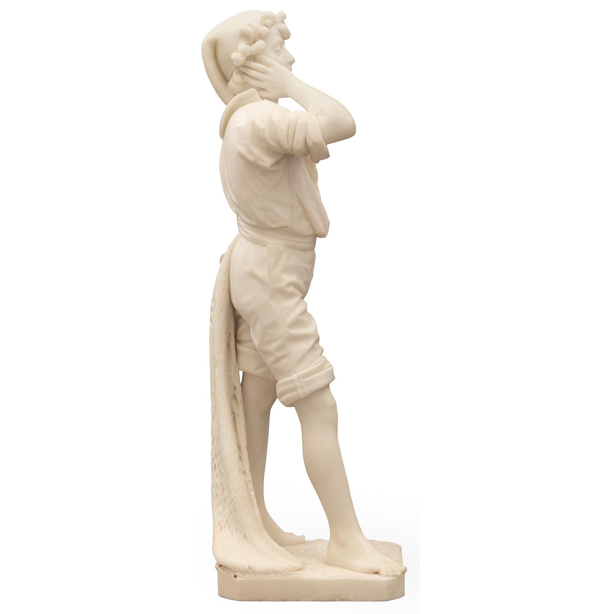 Italian 19th Century Solid White Carrara Marble Statue of a Young Fisherman In Good Condition For Sale In West Palm Beach, FL