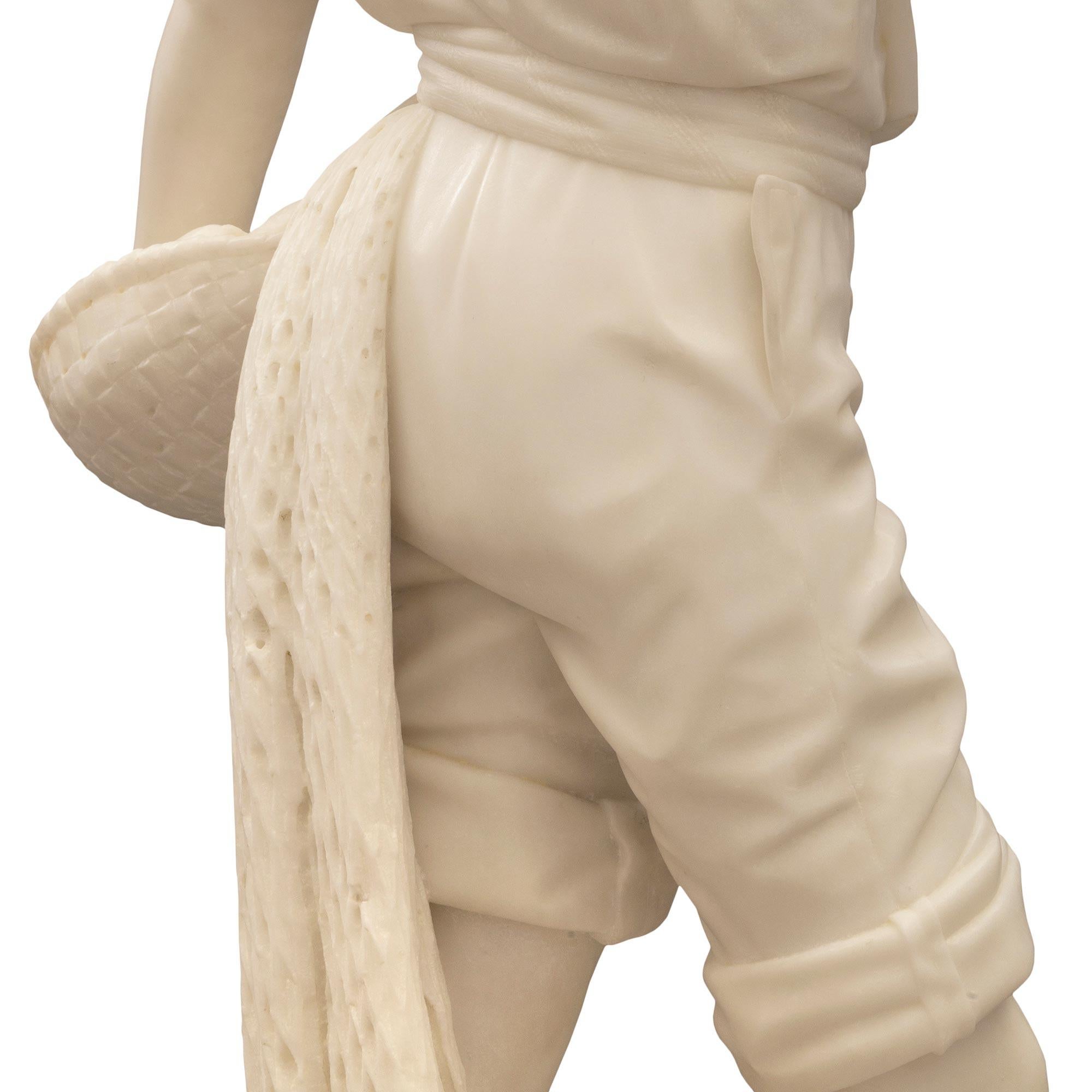 Italian 19th Century Solid White Carrara Marble Statue of a Young Fisherman For Sale 4