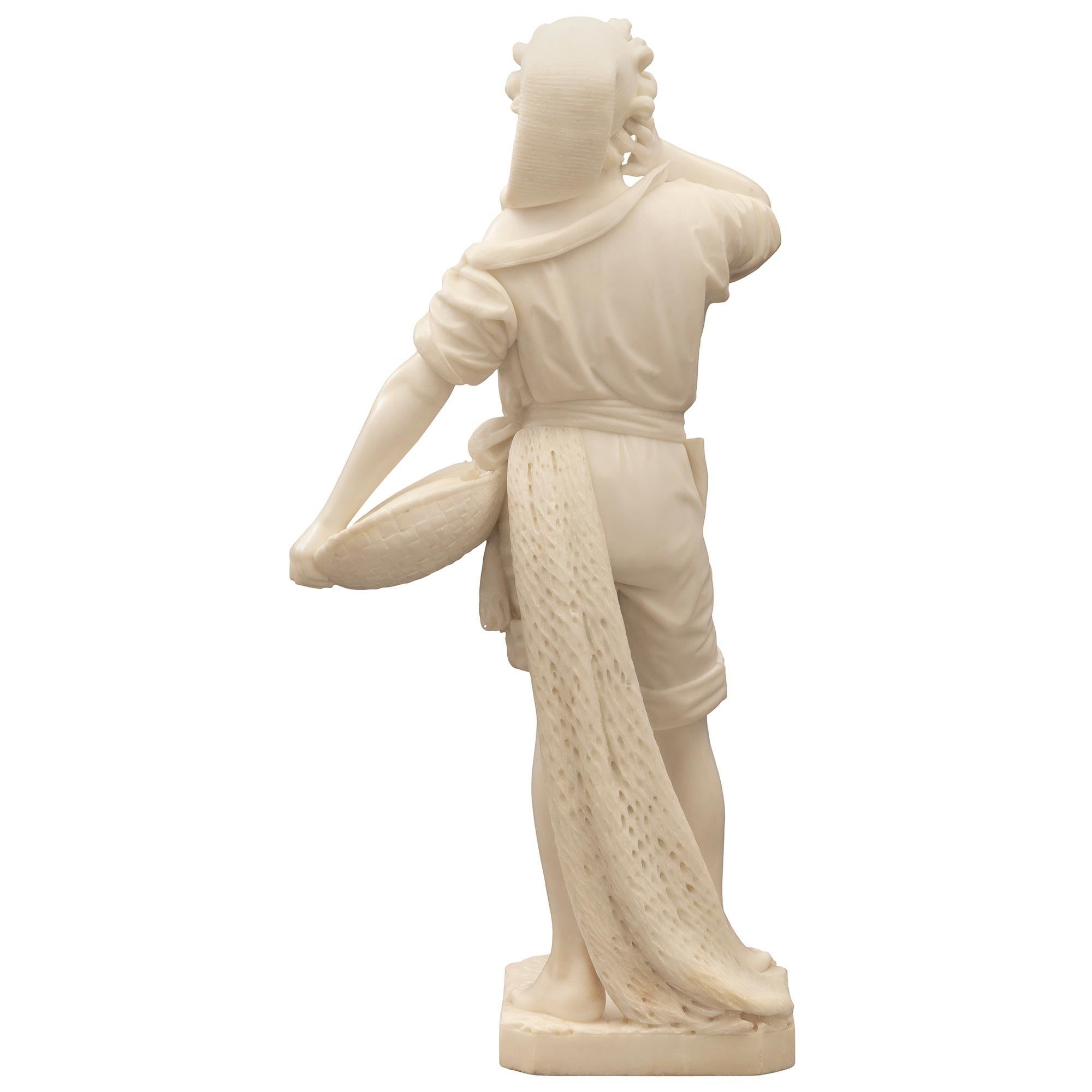 Italian 19th Century Solid White Carrara Marble Statue of a Young Fisherman For Sale 6