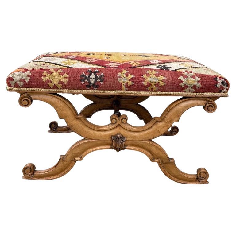 Italian 19th Century Stained Hand Carved Upholstered Walnut Ottoman