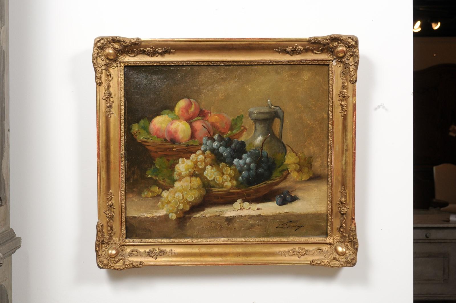 An Italian oil on canvas still-life painting from the 19th century in carved giltwood frame, signed Florentine. Created in Italy during the 19th century, this still-life painting depicts mouth-watering grapes and peaches displayed in two wicker