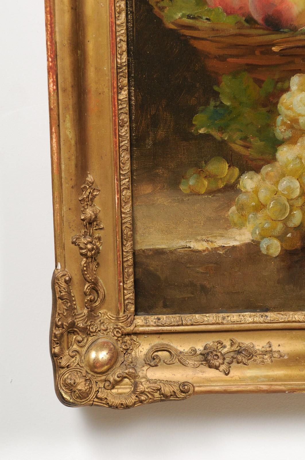 Toile Nature morte à l'huile italienne du XIXe siècle représentant des fruits, dans un cadre en bois doré en vente