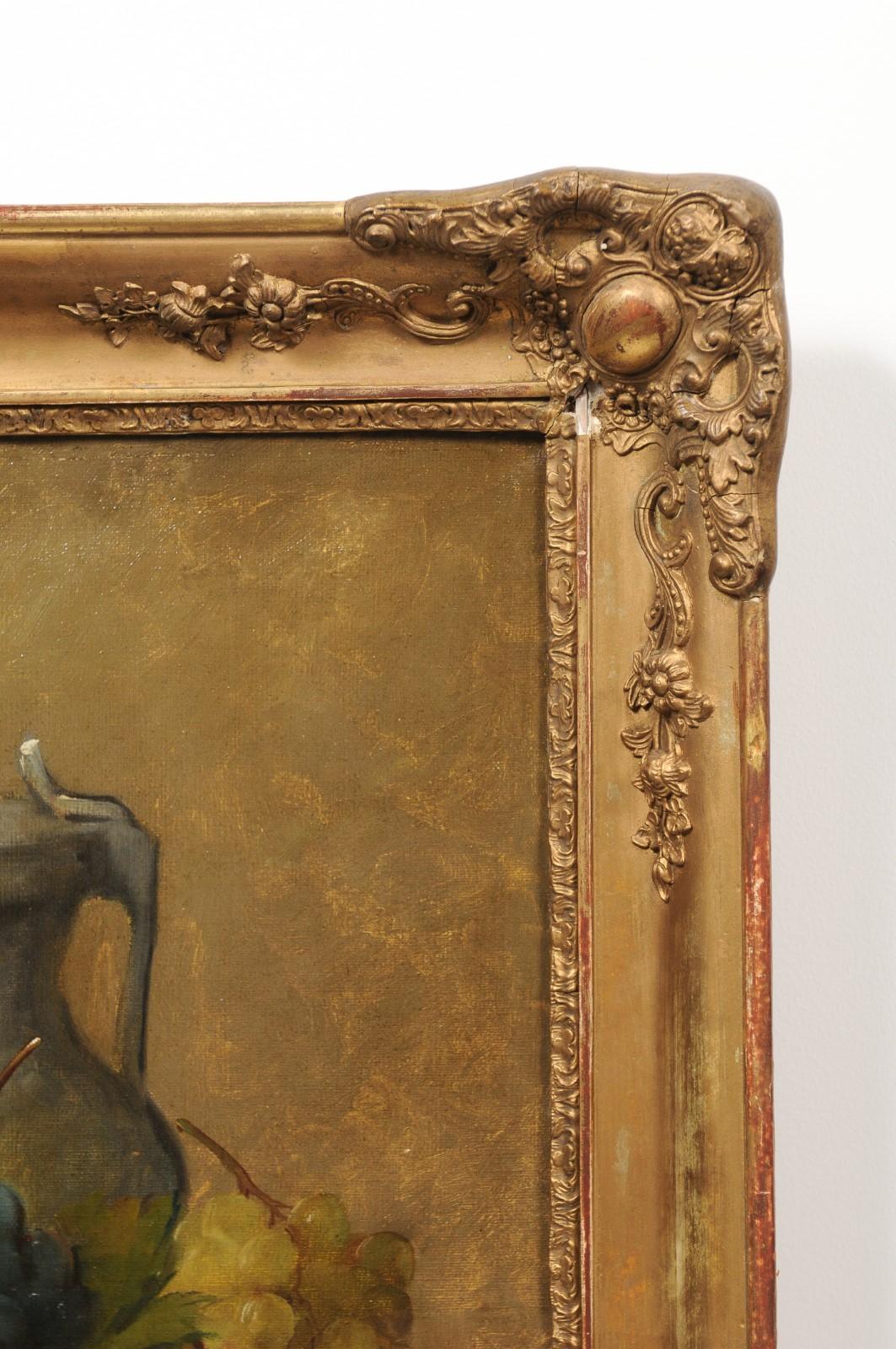 Carved Italian 19th Century Still-Life Oil Painting Depicting Fruits, in Giltwood Frame For Sale