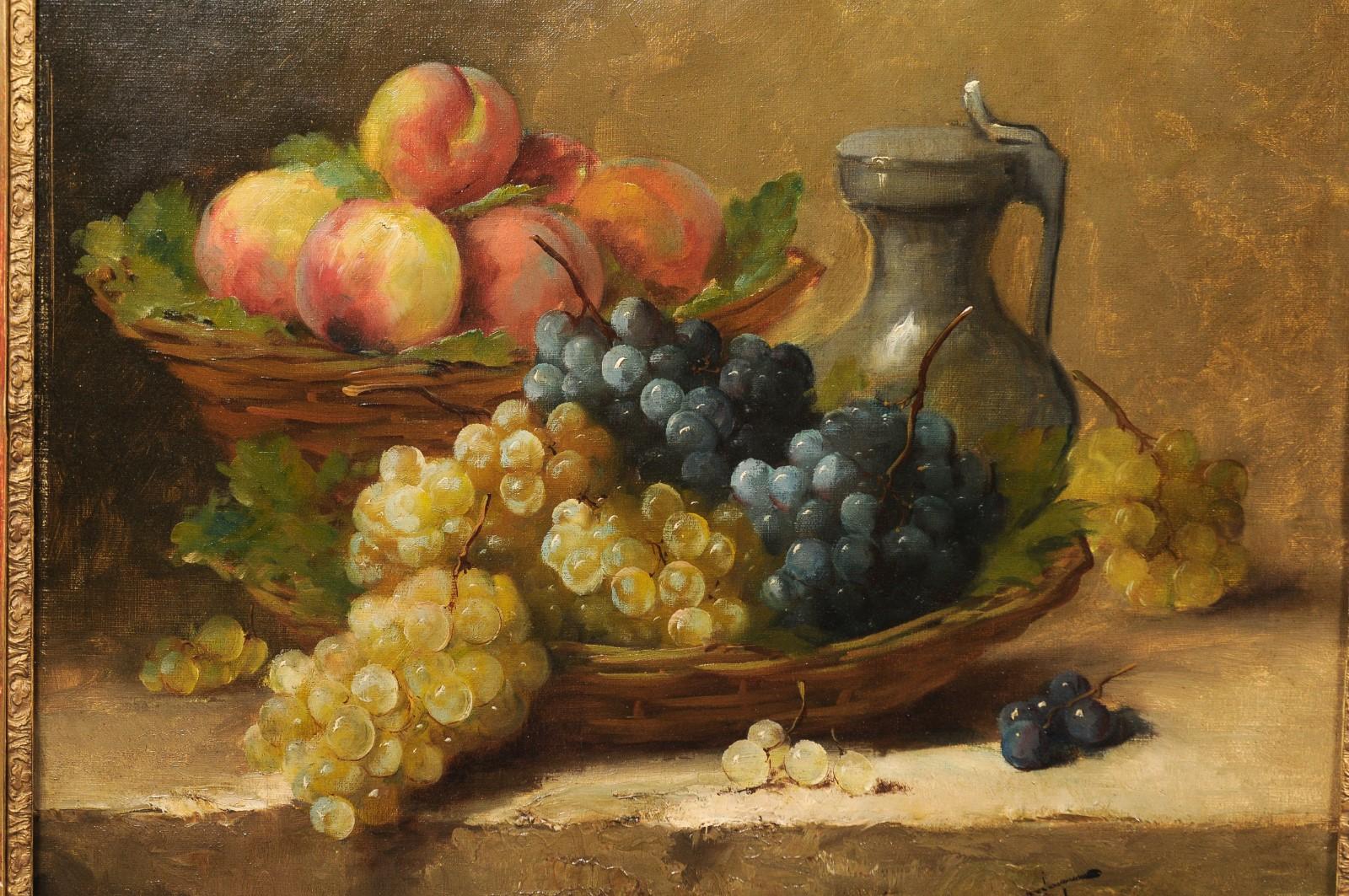 Nature morte à l'huile italienne du XIXe siècle représentant des fruits, dans un cadre en bois doré en vente 4