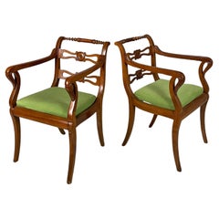 Italian 19th century style armchairs in green fabric and wood, 1930s