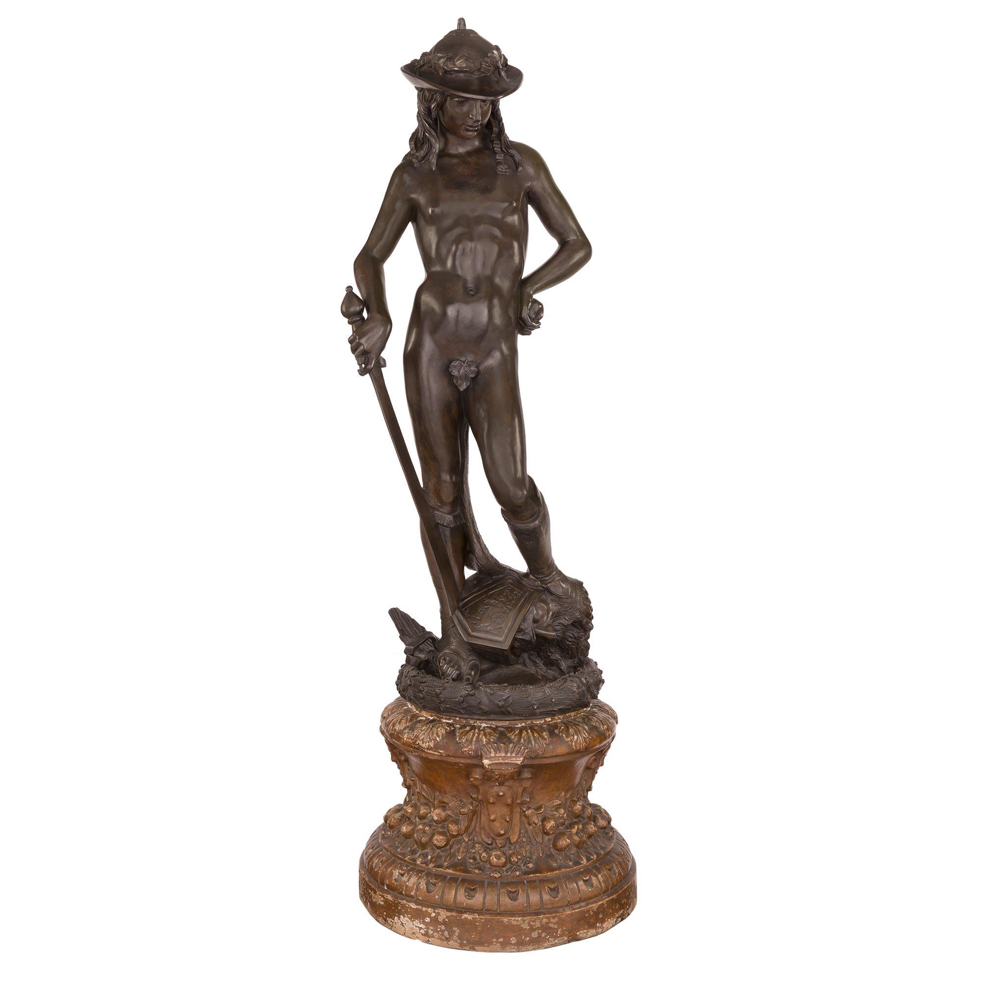 Italian 19th Century Terra Cotta Statue of David Having Slain Goliath For Sale