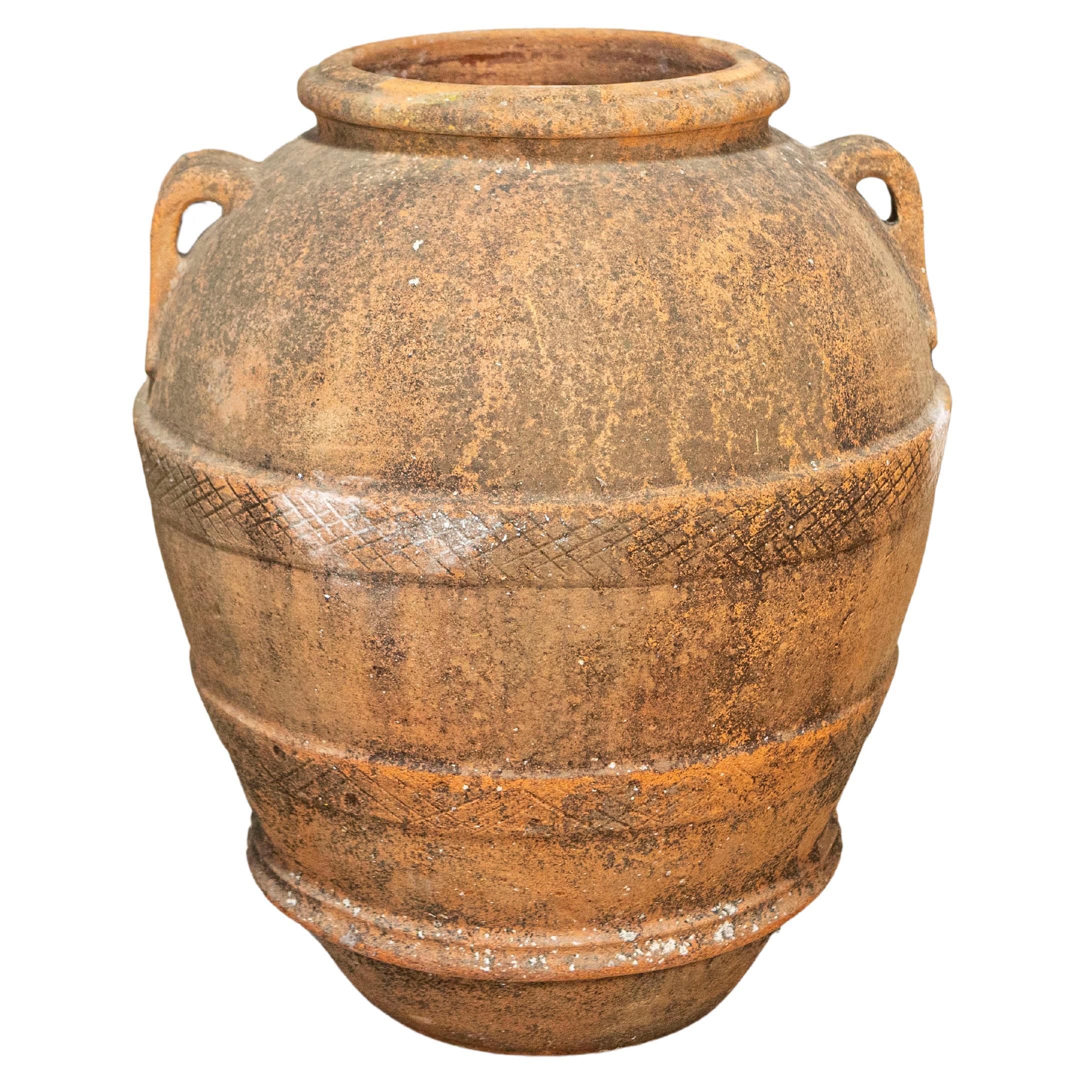 Jardinière italienne en terre cuite du 19ème siècle avec motifs hachurés et Patina