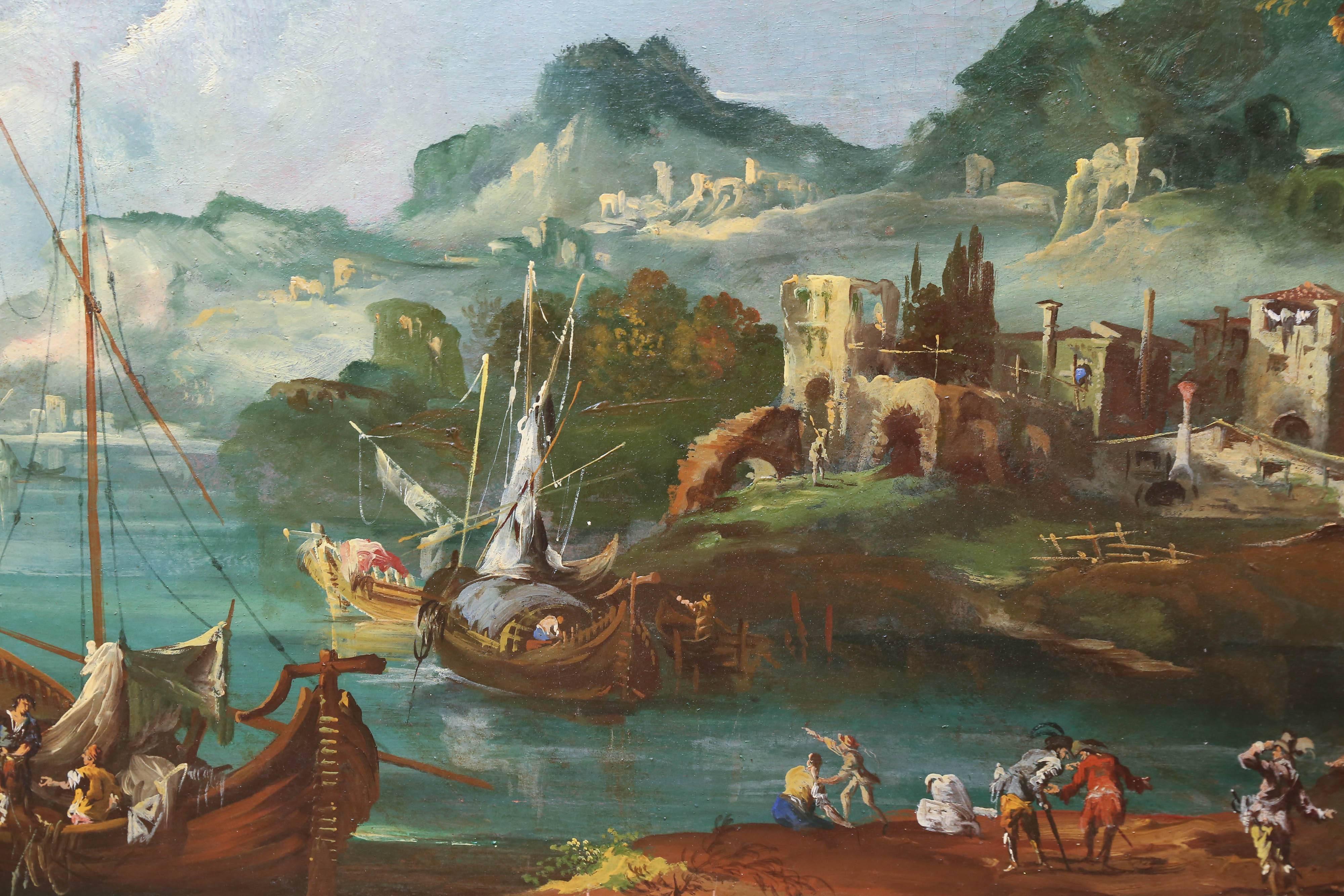 Serpentine form painting in original giltwood frame
Depicting a harbor scene of boats, village people and
Their homes and surroundings.