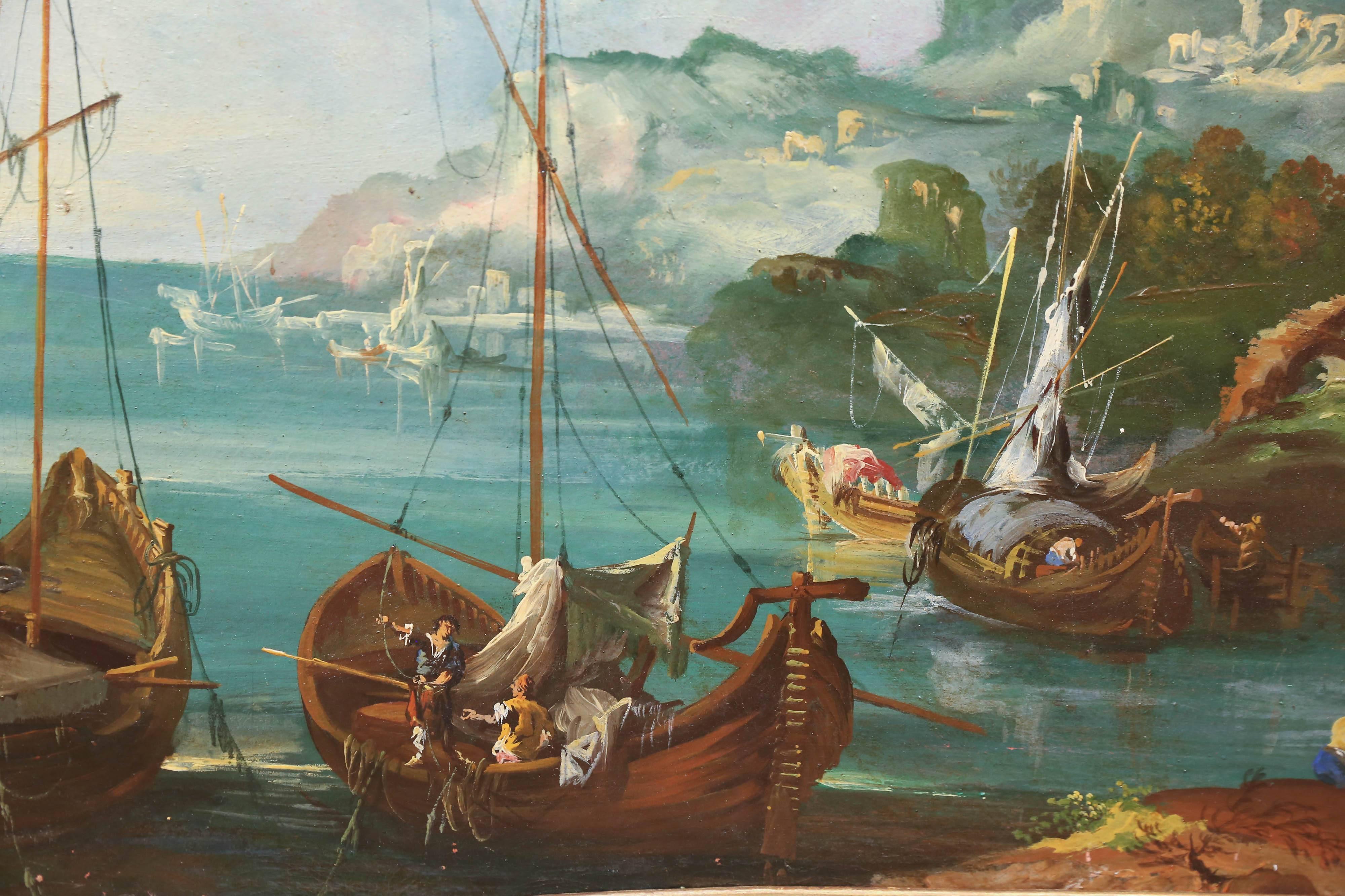 Italian 19th Century Trumeaux / Painting Depicting a Harbor Scene 1