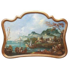 Italian 19th Century Trumeaux / Painting Depicting a Harbor Scene