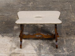 Italian 19th Century Upholstered Walnut Footstool with Carved Base