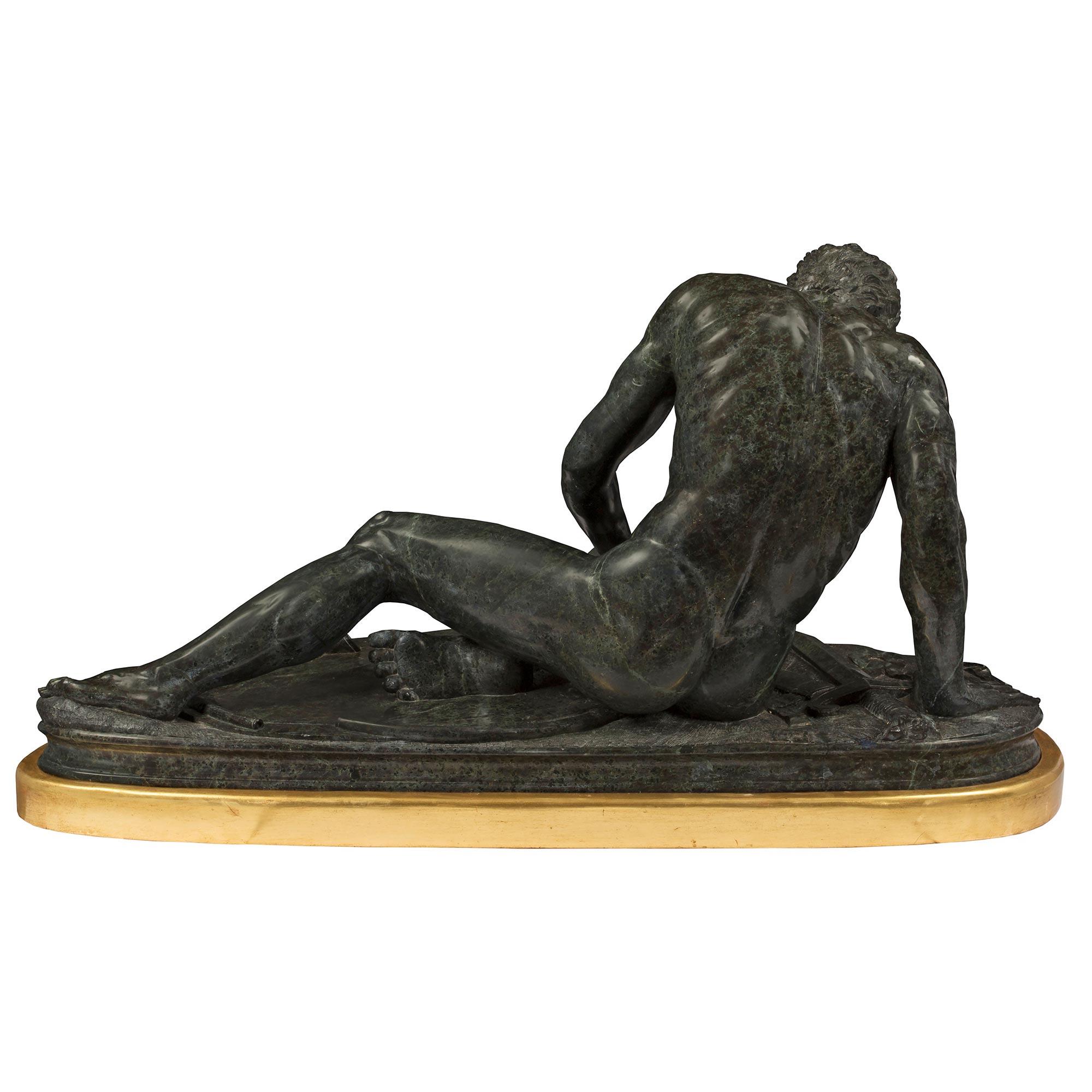 Italian 19th Century Verde Antico Marble and Giltwood Statue of The Dying Gaul For Sale 1
