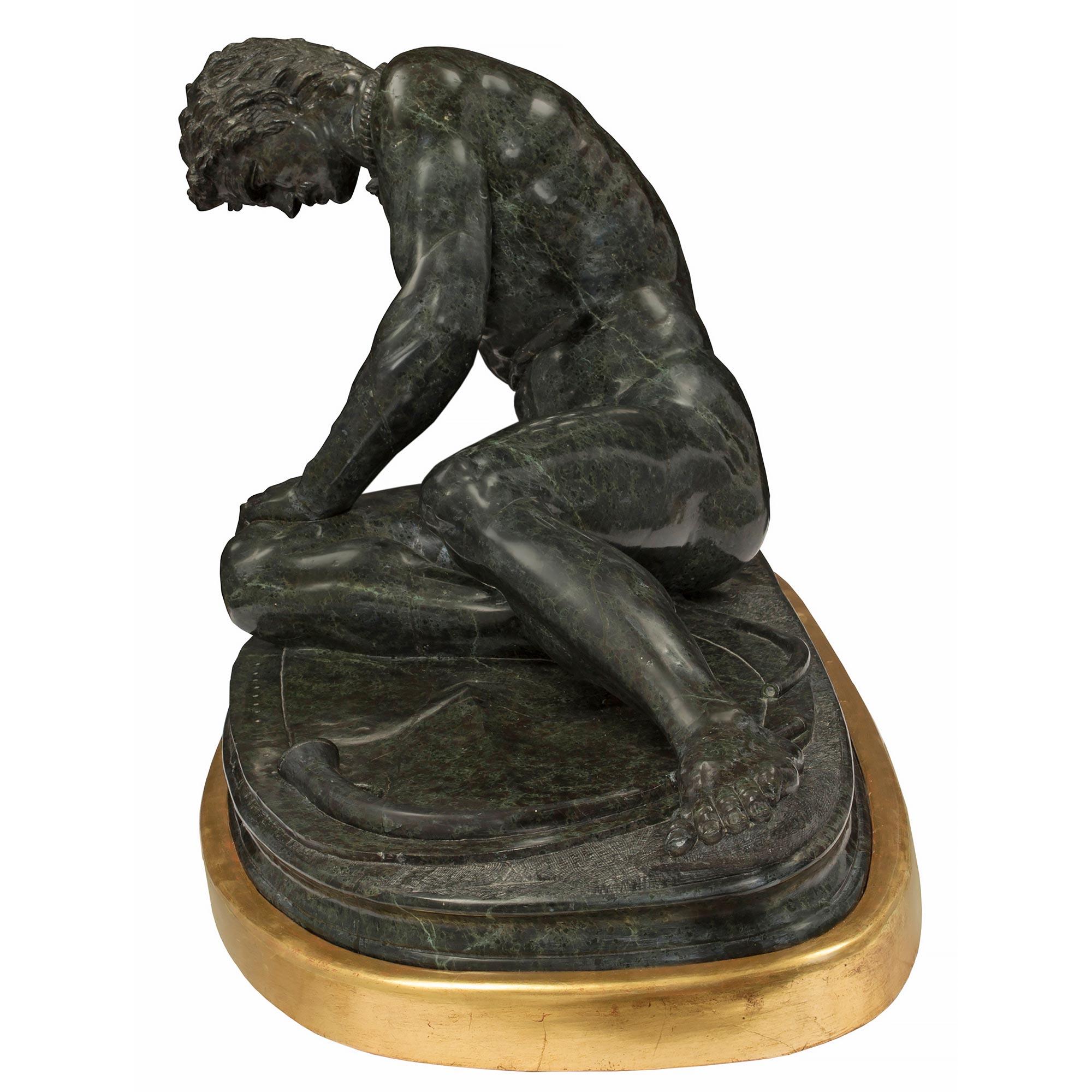 Italian 19th Century Verde Antico Marble and Giltwood Statue of The Dying Gaul For Sale 2