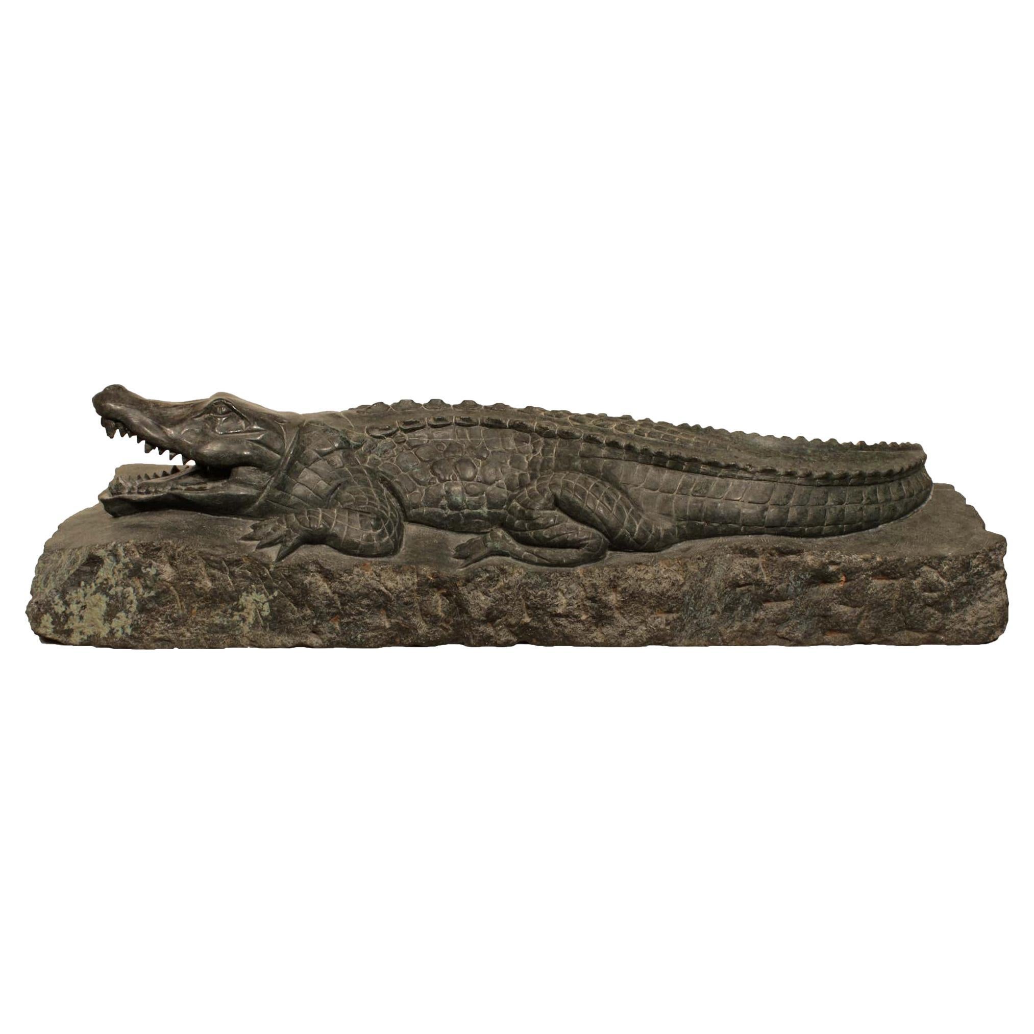 Italian 19th Century Verde Prato Marble Alligator Sculpture, from Florence For Sale