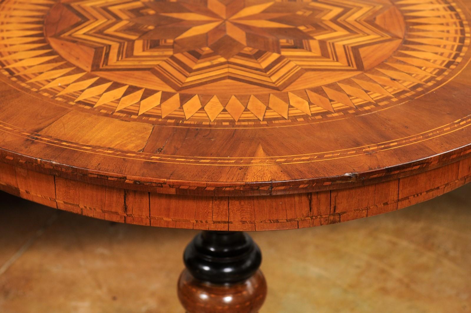 Italian 19th Century Walnut and Birch Marquetry Center Table with Tripod Base For Sale 9