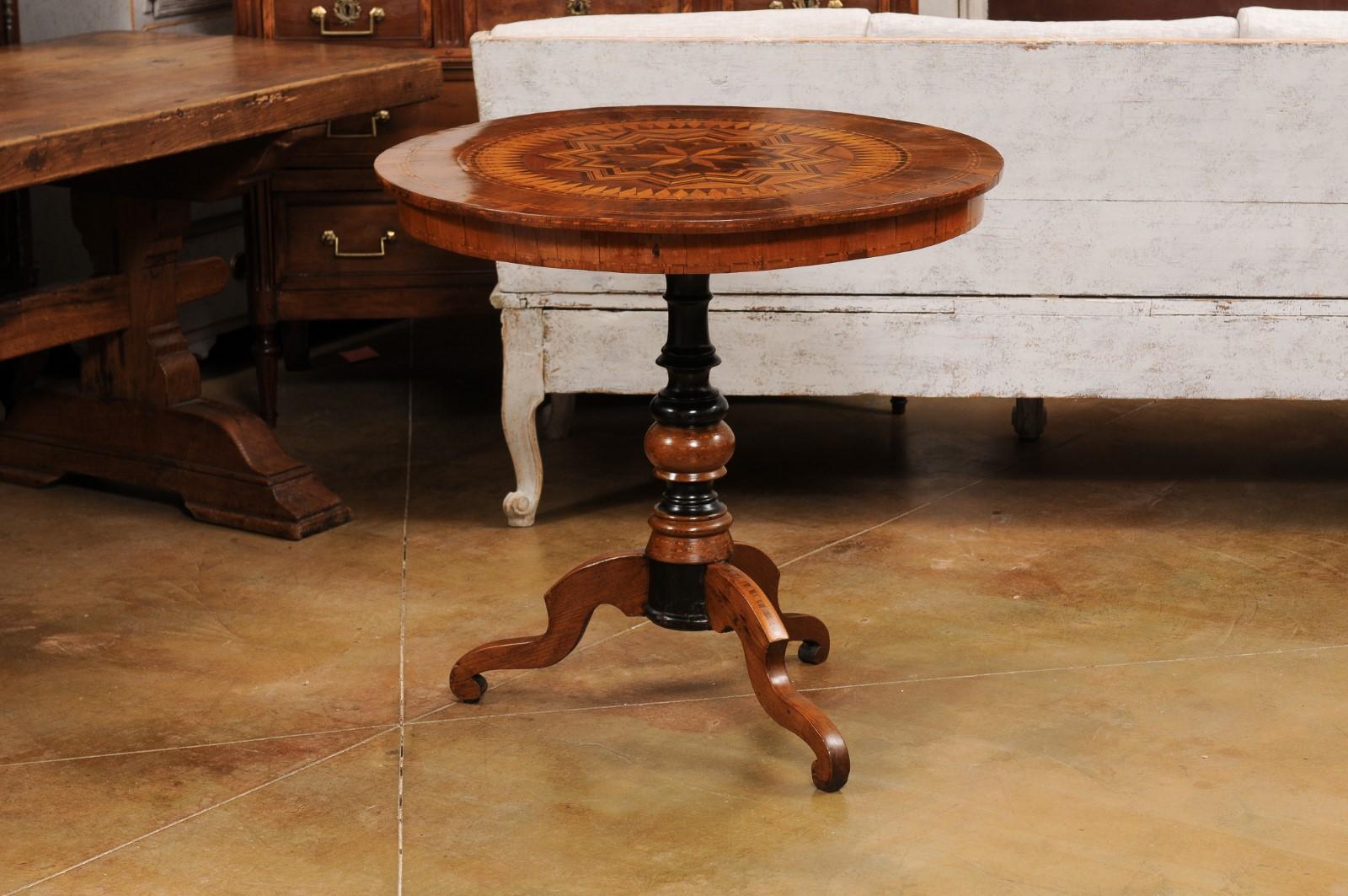 Carved Italian 19th Century Walnut and Birch Marquetry Center Table with Tripod Base For Sale