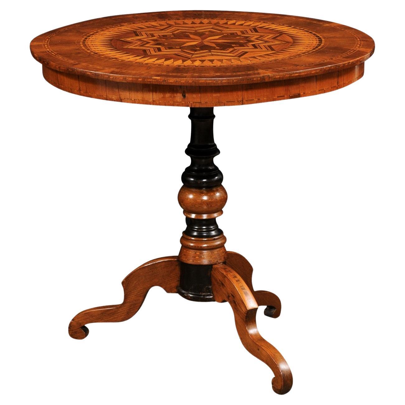 Italian 19th Century Walnut and Birch Marquetry Center Table with Tripod Base For Sale