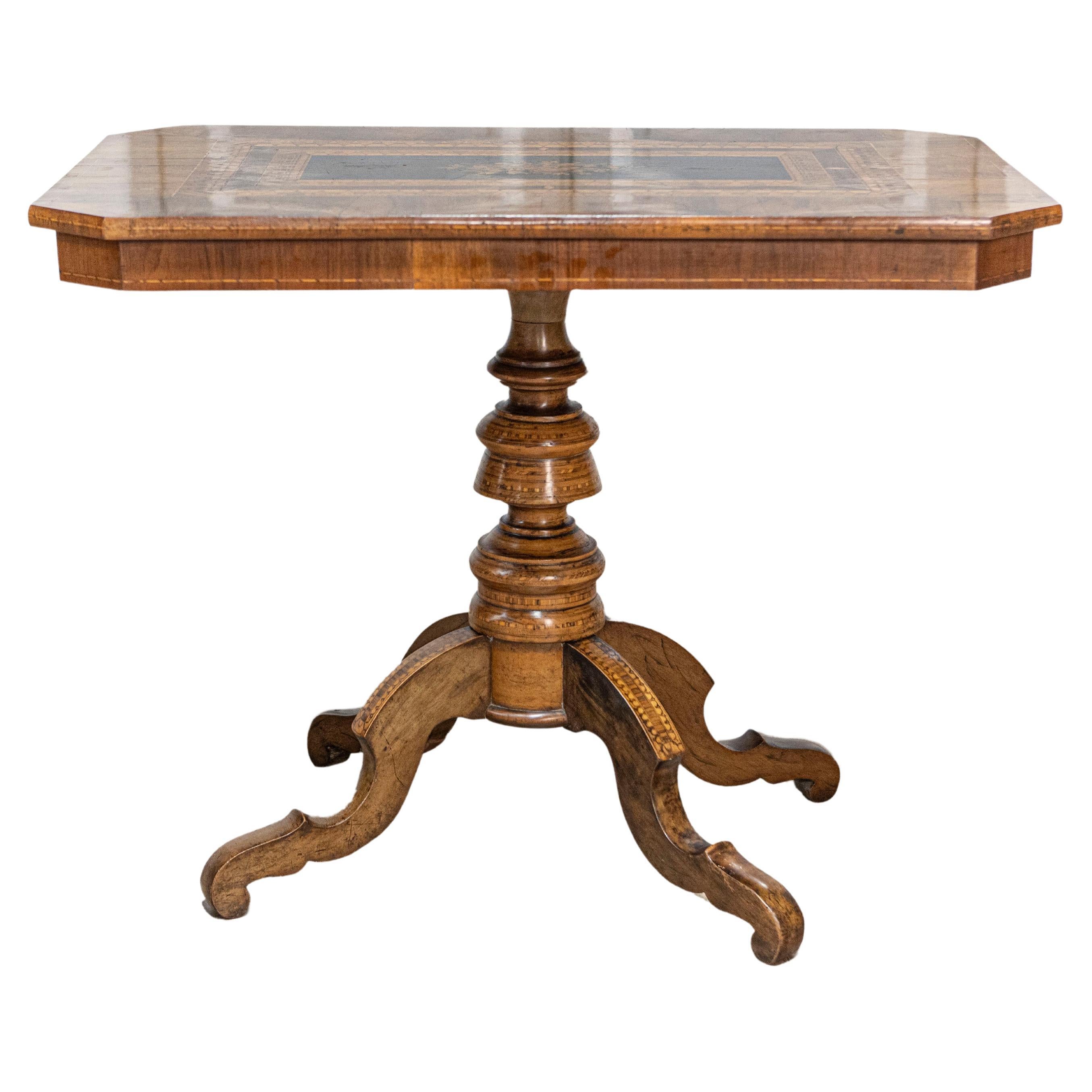 Italian 19th Century Walnut and Mahogany Center Table with Floral Marquetry