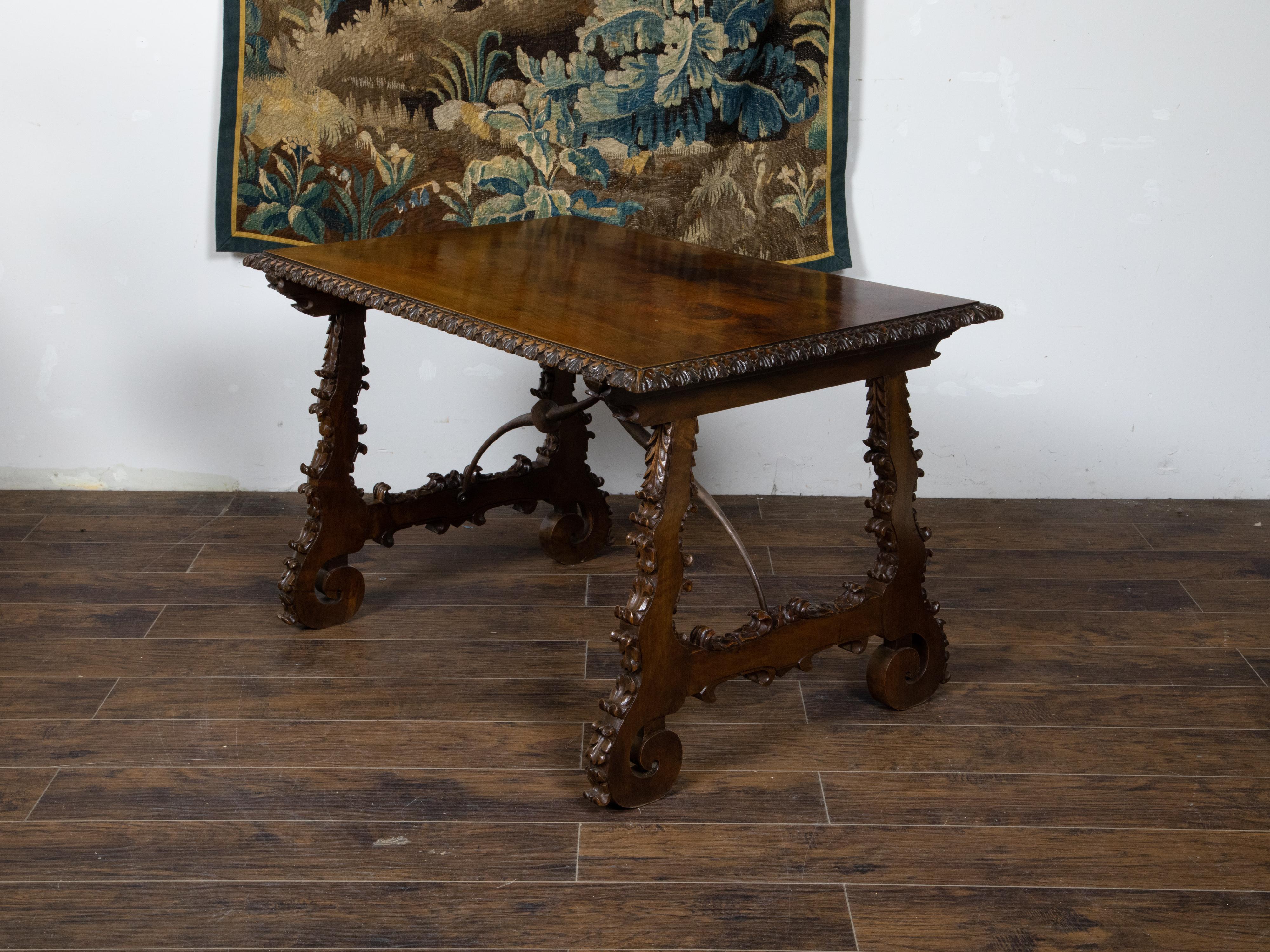 Italian 19th Century Walnut Baroque Style Fratino Table with Carved Lyre Legs In Good Condition For Sale In Atlanta, GA