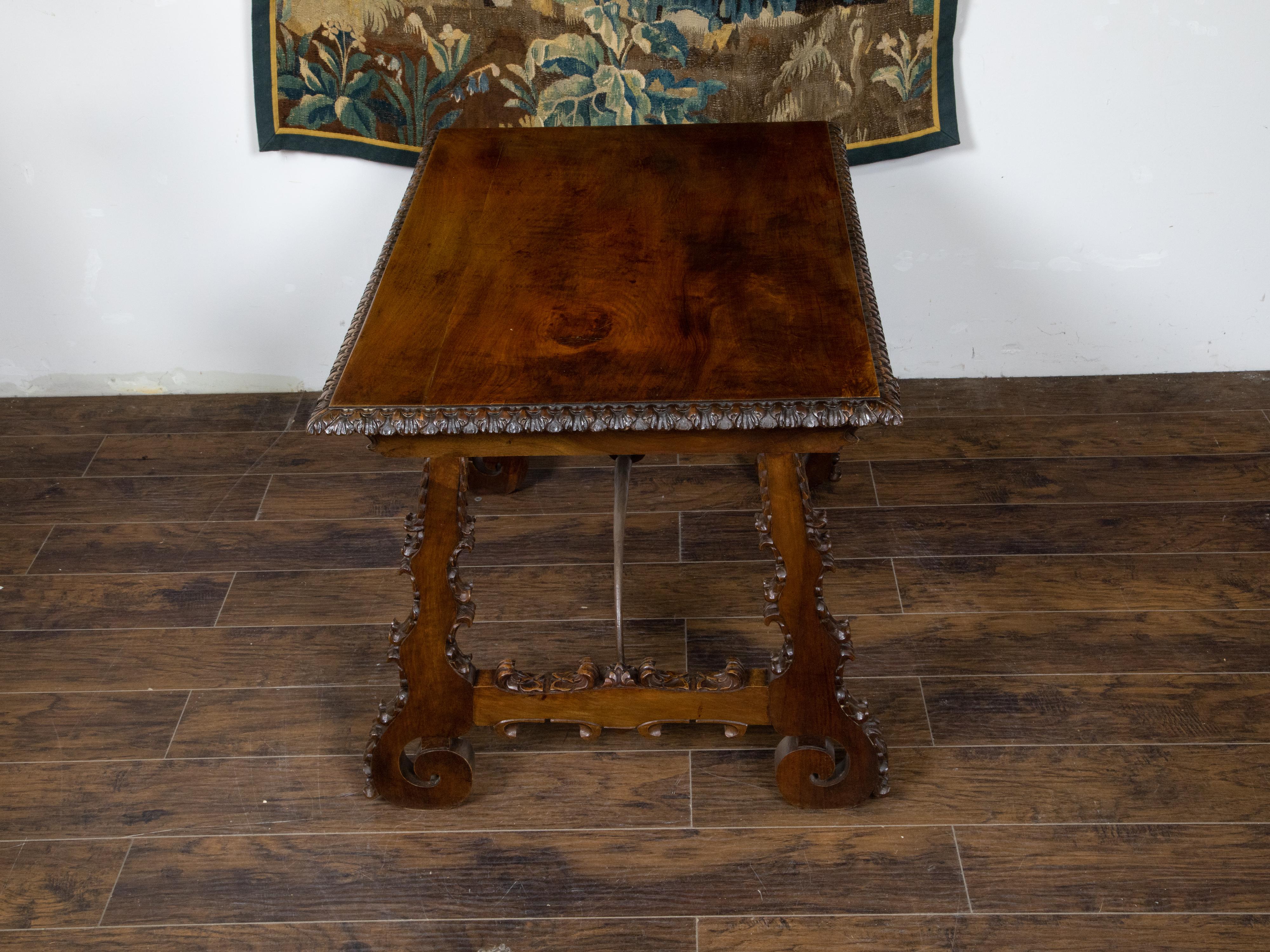 Iron Italian 19th Century Walnut Baroque Style Fratino Table with Carved Lyre Legs For Sale