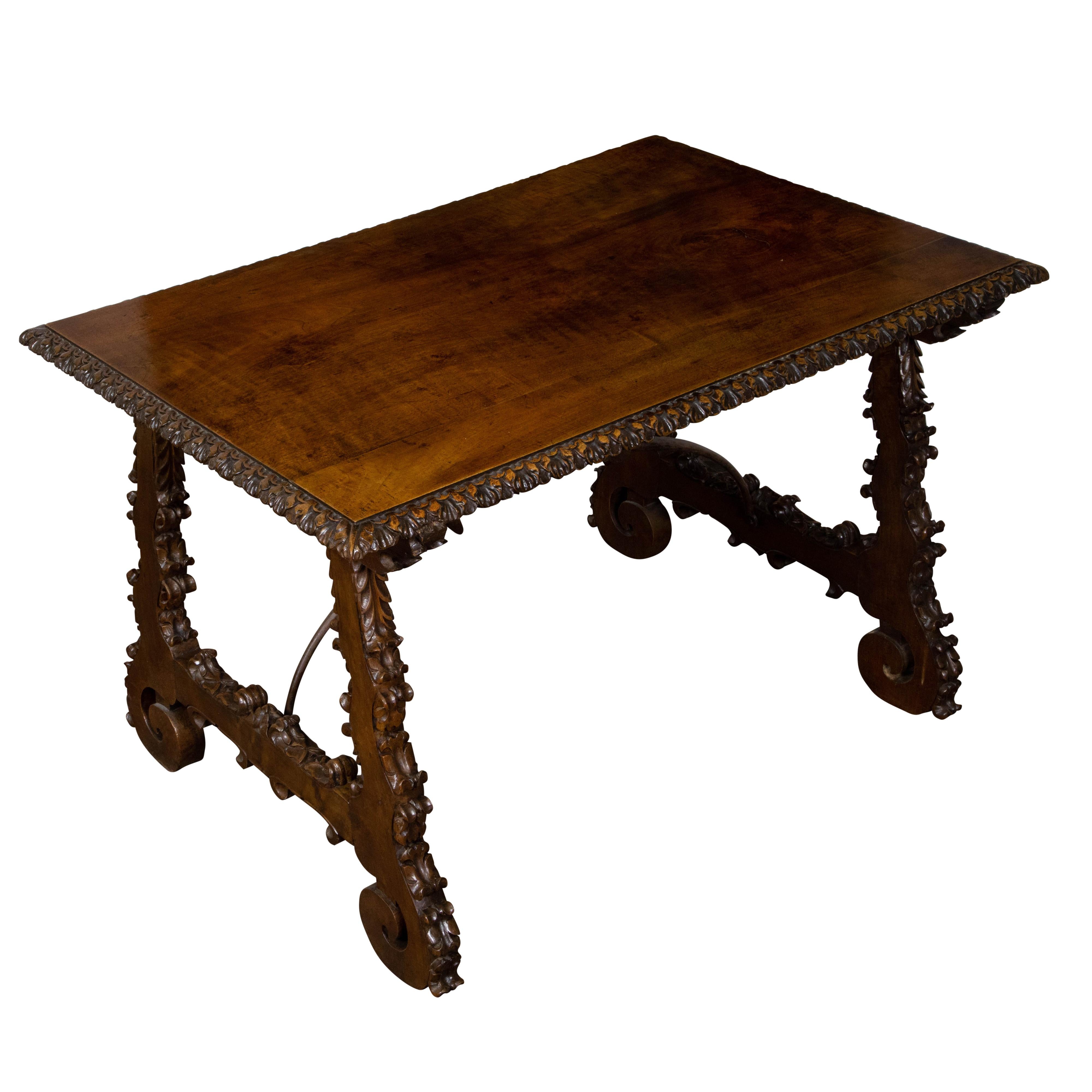 Italian 19th Century Walnut Baroque Style Fratino Table with Carved Lyre Legs For Sale 3