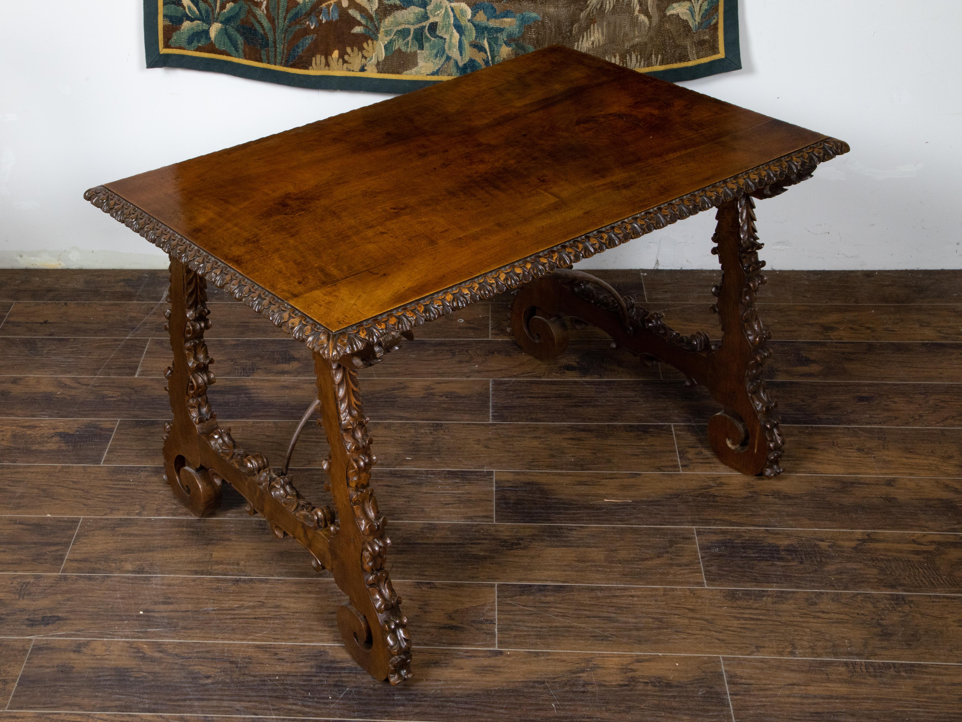 Italian 19th Century Walnut Baroque Style Fratino Table with Carved Lyre Legs For Sale 4