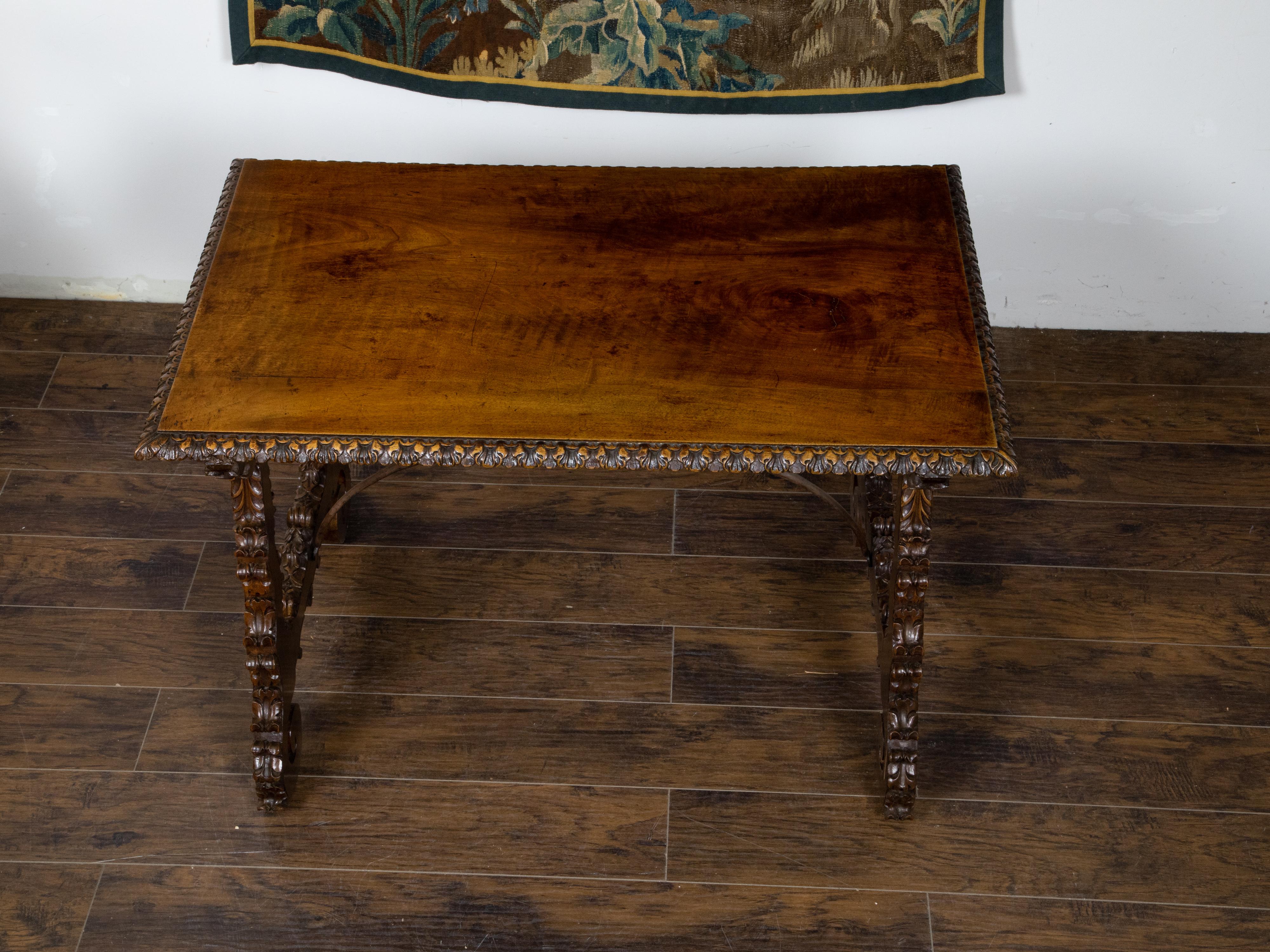 Italian 19th Century Walnut Baroque Style Fratino Table with Carved Lyre Legs For Sale 5