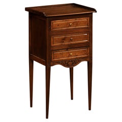Italian 19th Century Walnut Bedside Table with Floral Carved Apron and Drawers