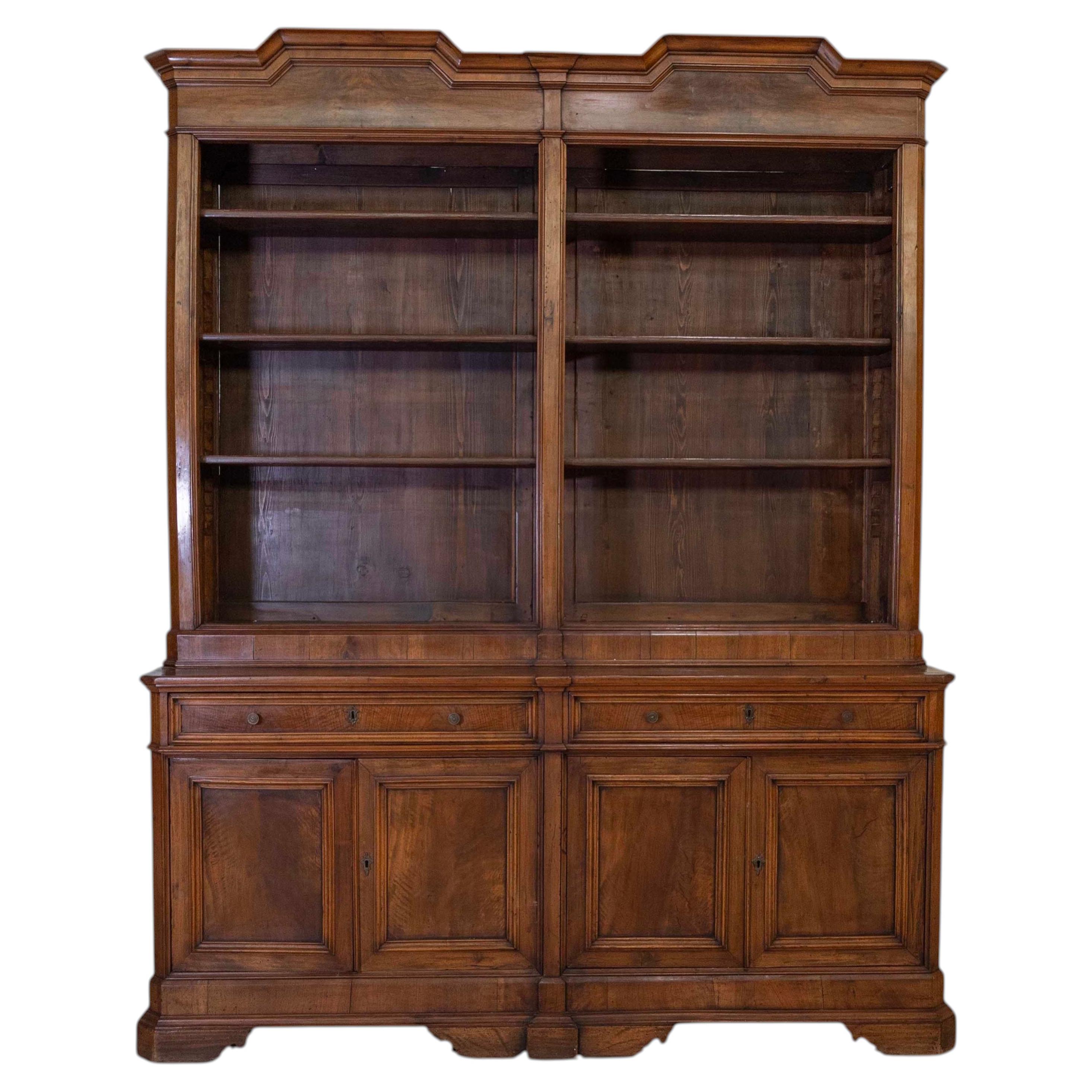 Italian 19th Century Walnut Bookcase with Architectural Design