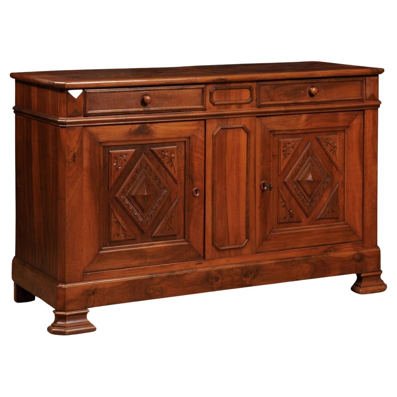 Italian 19th Century Walnut Buffet with Carved Diamond and Floral Motifs